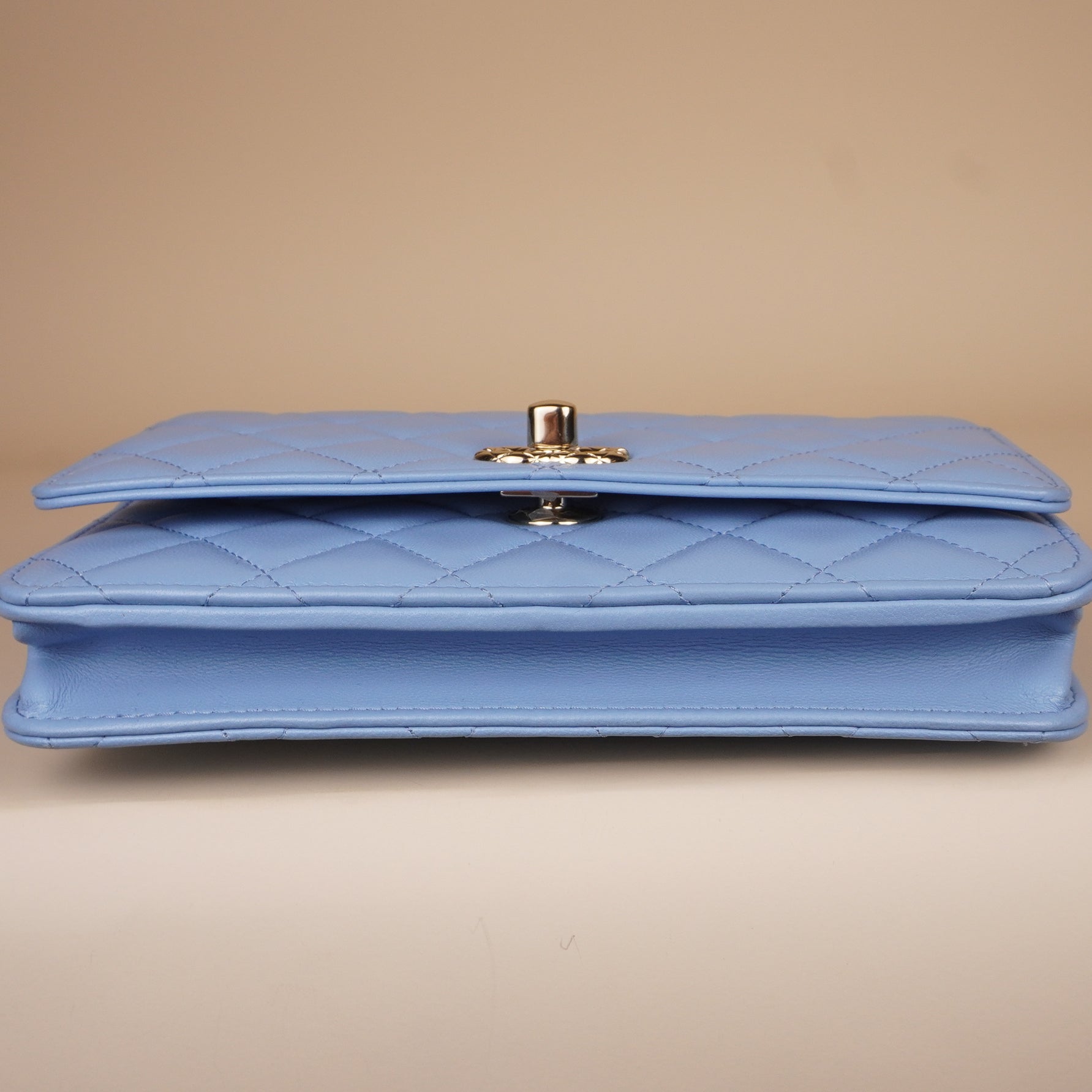 PRE-OWNED Lambskin Quilted Trendy CC Wallet On Chain WOC Light Blue