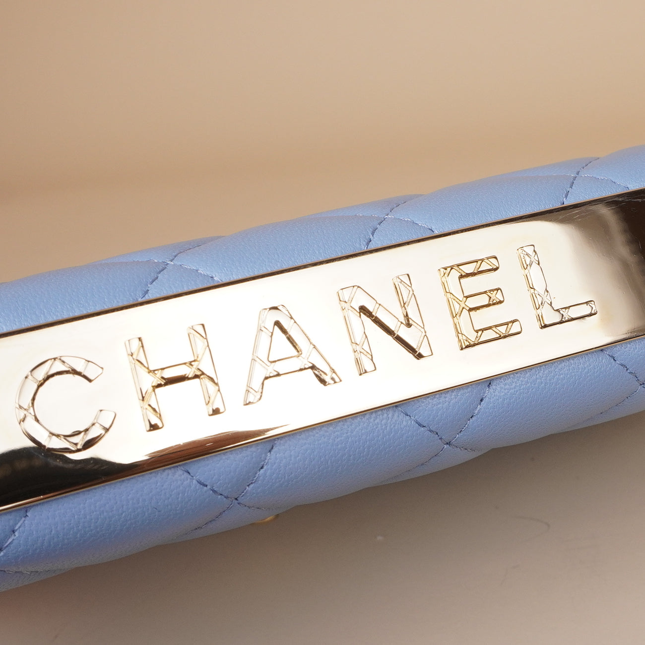 PRE-OWNED Lambskin Quilted Trendy CC Wallet On Chain WOC Light Blue