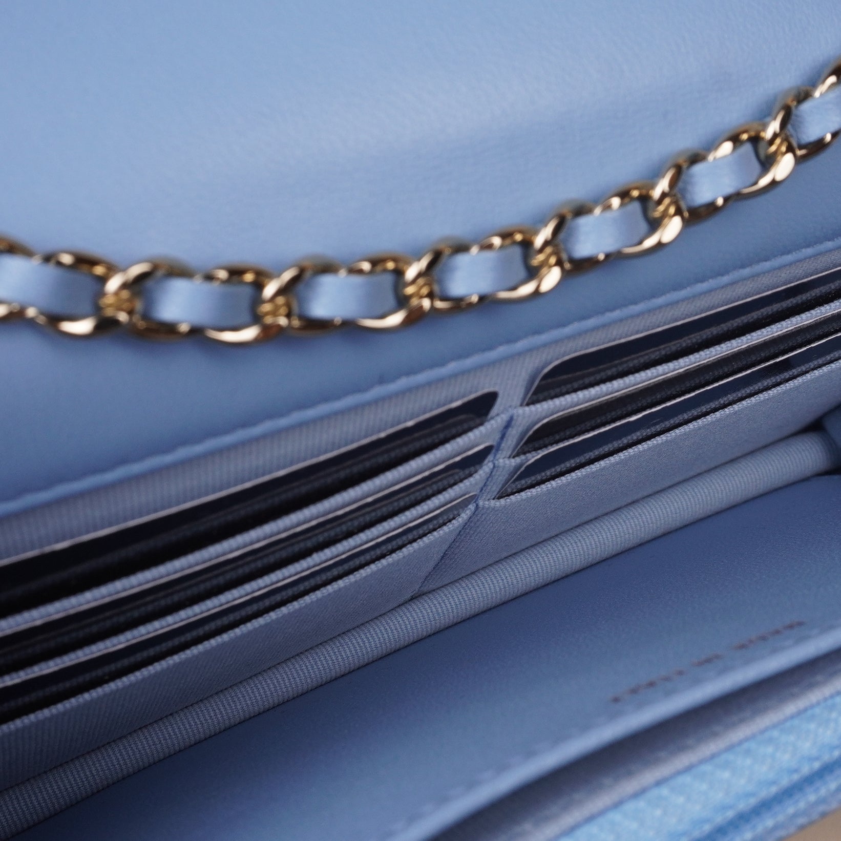 PRE-OWNED Lambskin Quilted Trendy CC Wallet On Chain WOC Light Blue