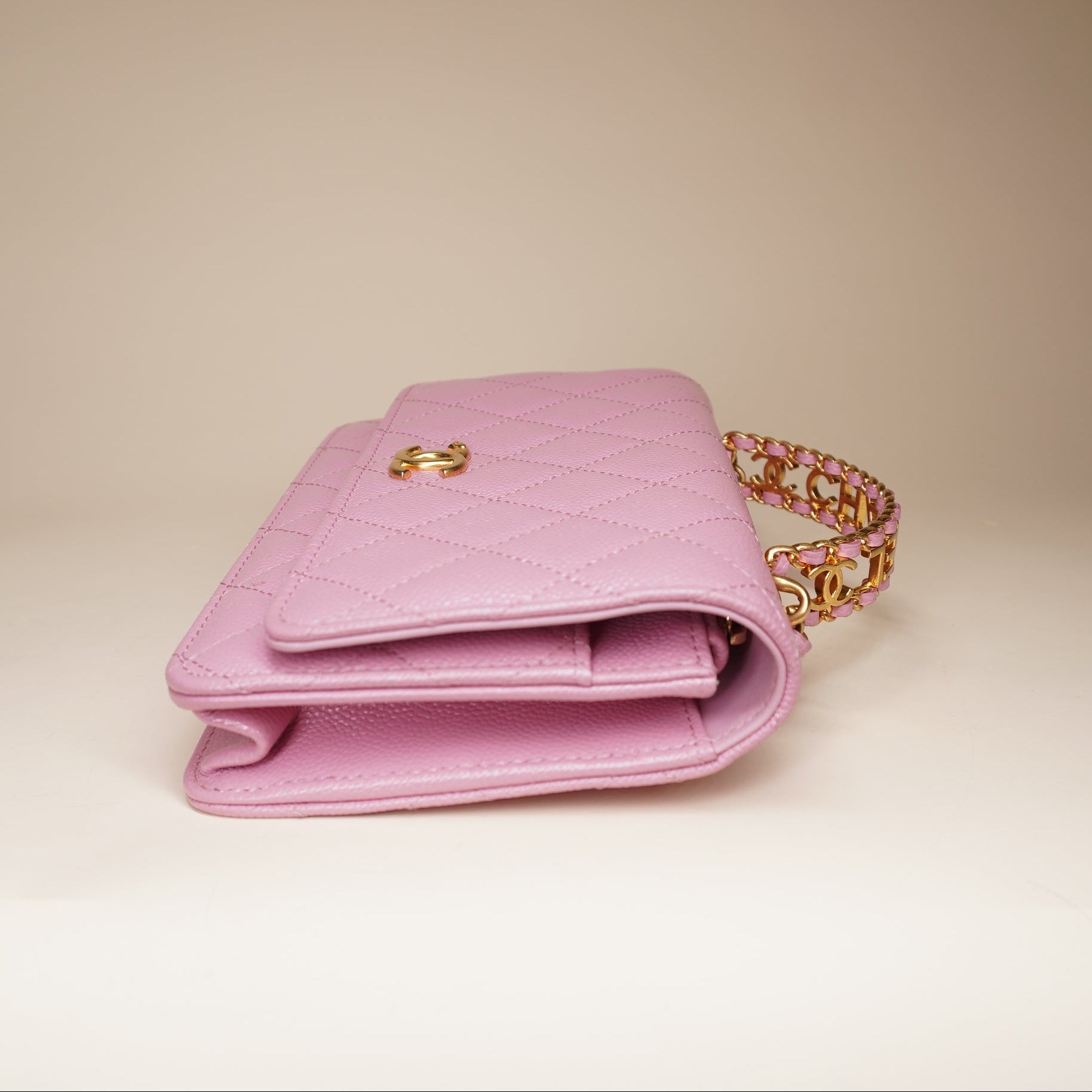 PRE-OWNED CC Pink Calfskin Wallet on Chain Shoulder Bag