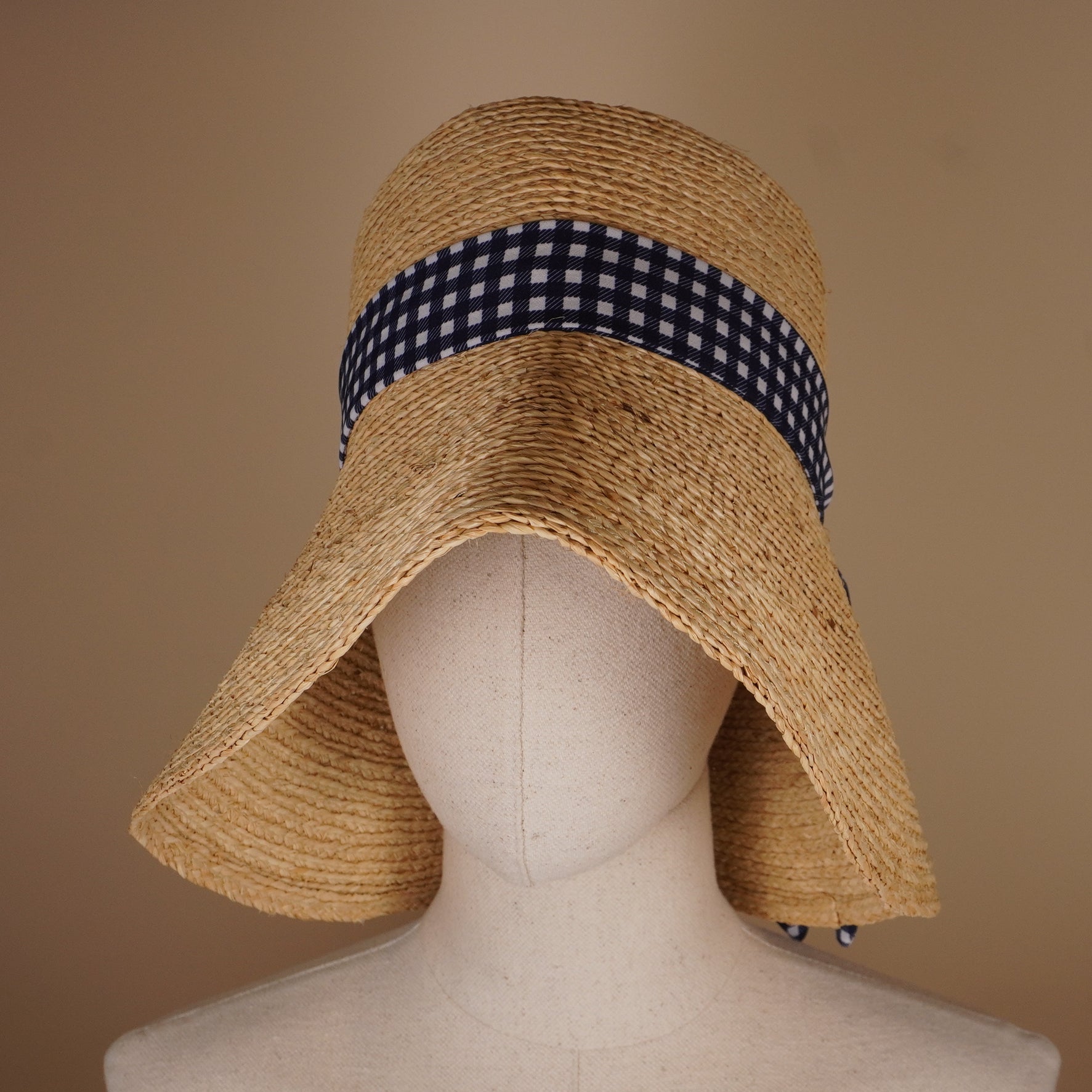 PRE-OWNED Hat Beige Dark Navy White Raffia Silk