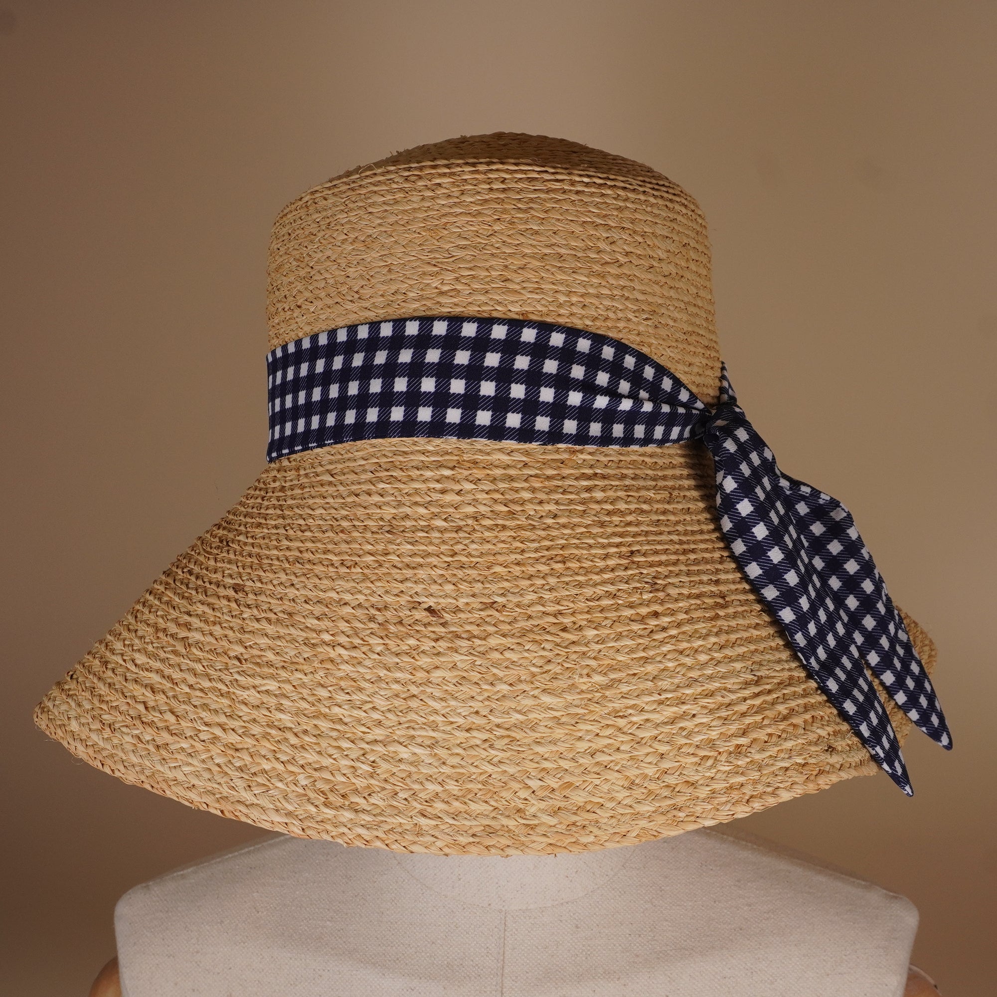 PRE-OWNED Hat Beige Dark Navy White Raffia Silk