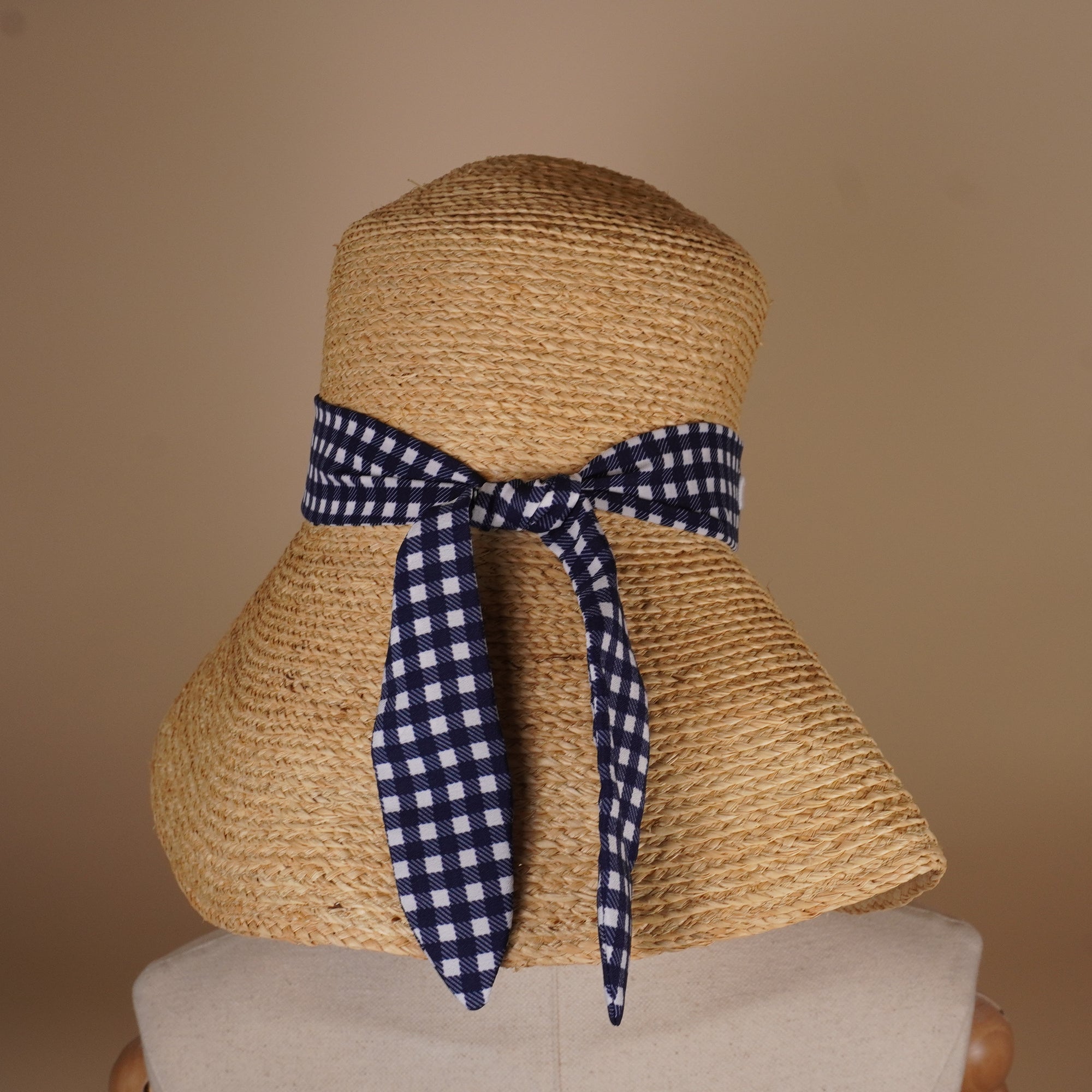 PRE-OWNED Hat Beige Dark Navy White Raffia Silk