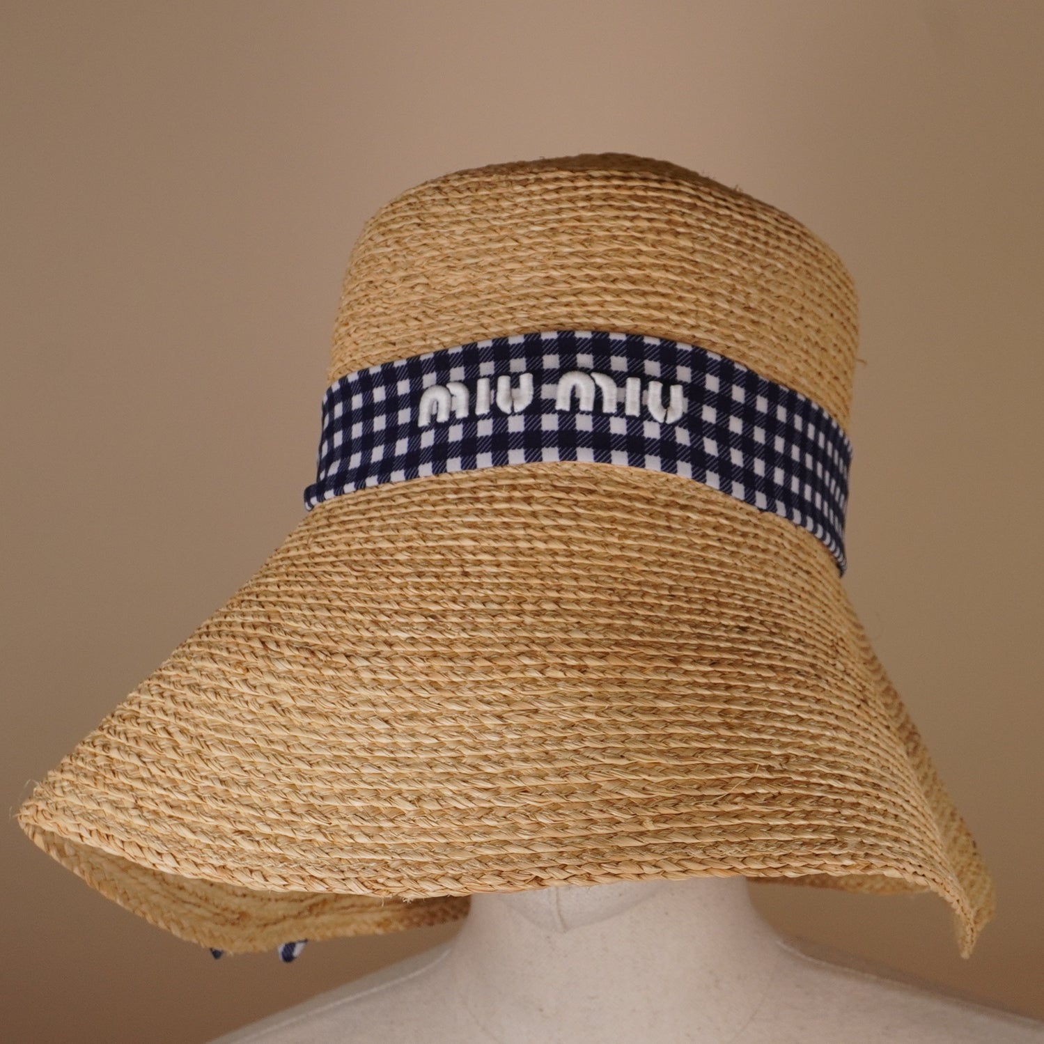PRE-OWNED Hat Beige Dark Navy White Raffia Silk