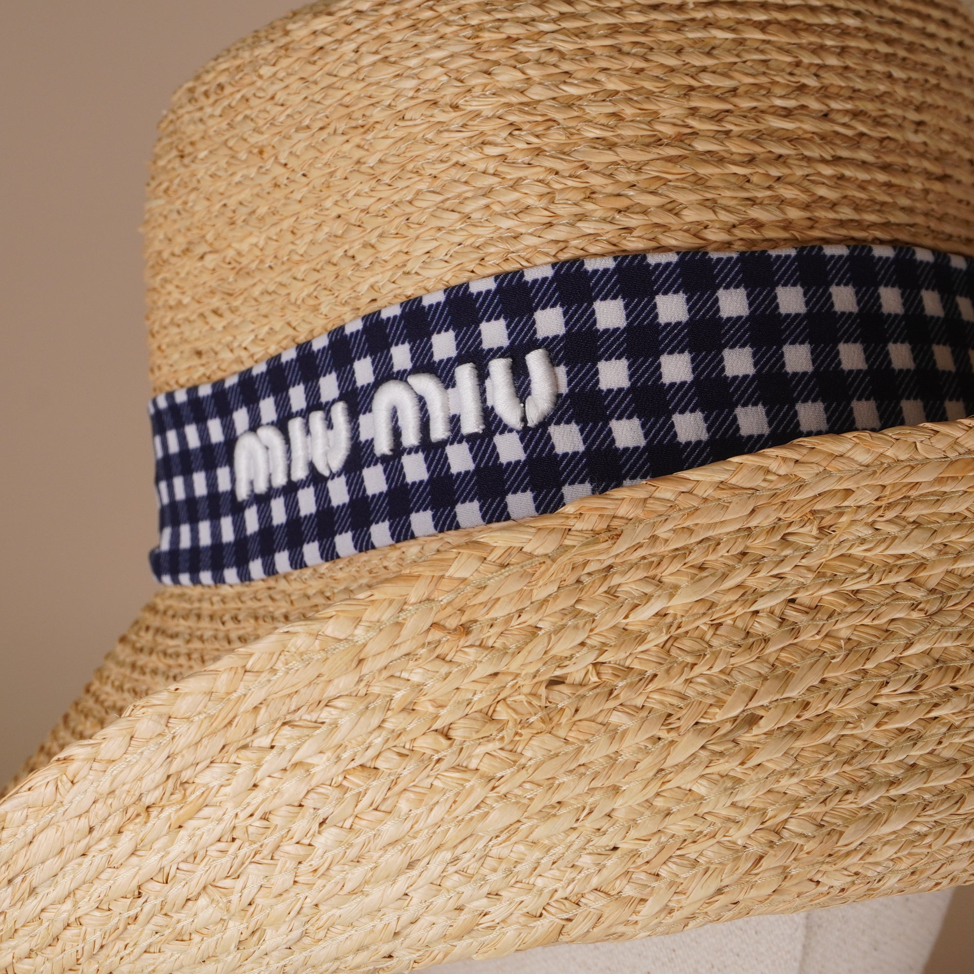 PRE-OWNED Hat Beige Dark Navy White Raffia Silk