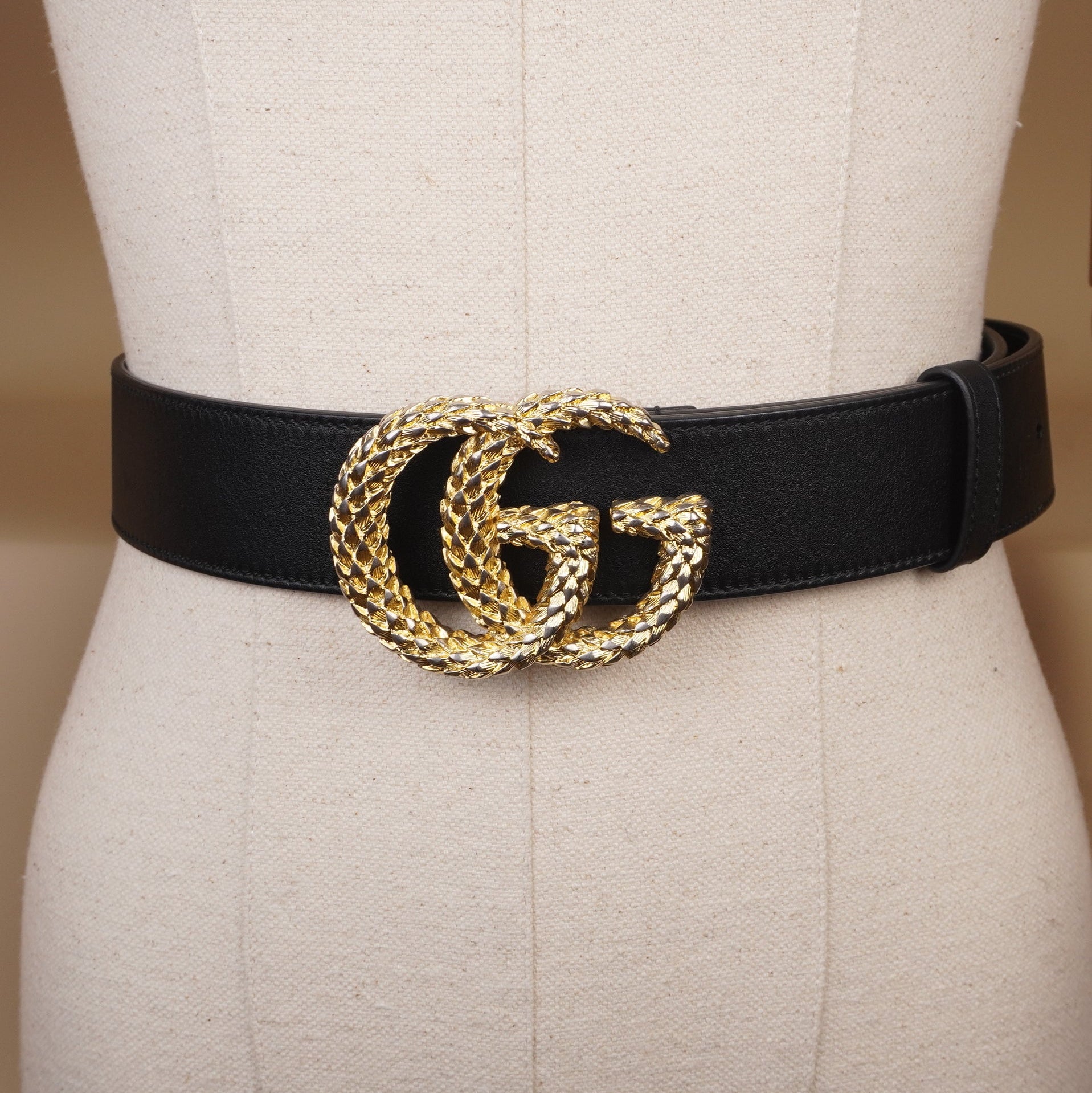 PRE-OWNED GG Moon Calfskin Scales Double G 40mm Belt 85 34 Black