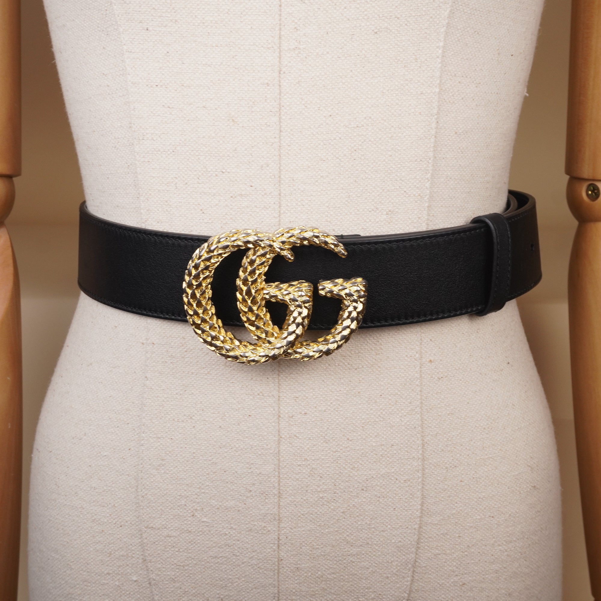 PRE-OWNED GG Moon Calfskin Scales Double G 40mm Belt 85 34 Black