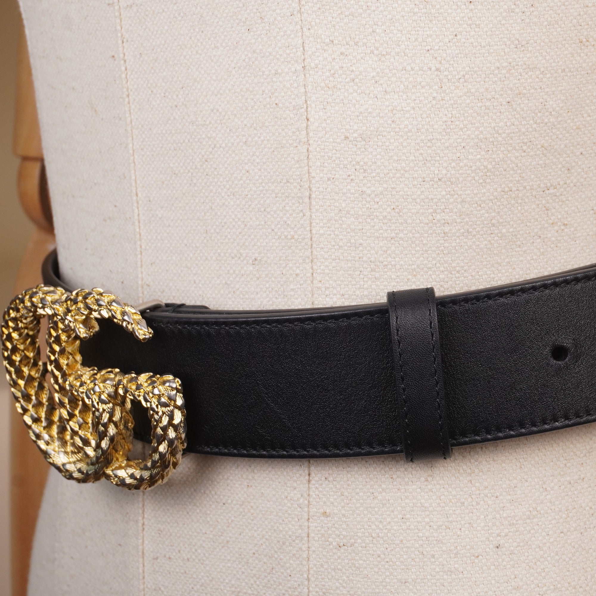 PRE-OWNED GG Moon Calfskin Scales Double G 40mm Belt 85 34 Black