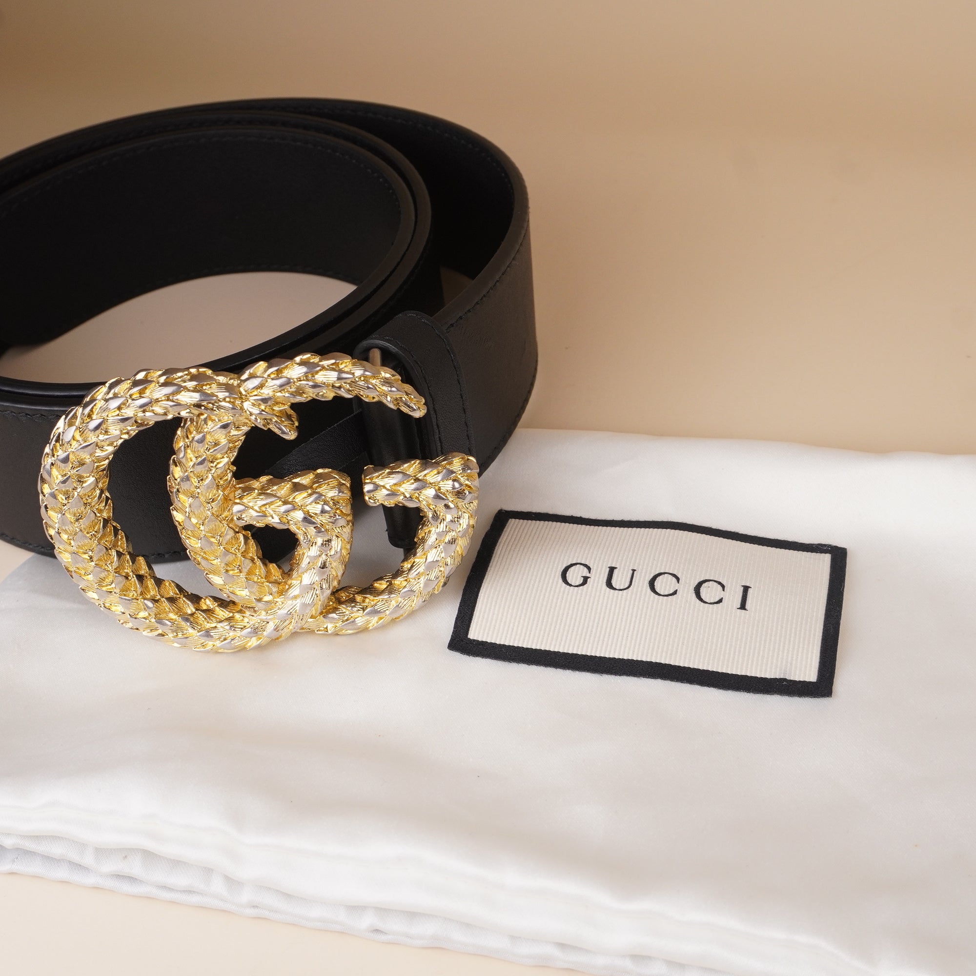 PRE-OWNED GG Moon Calfskin Scales Double G 40mm Belt 85 34 Black