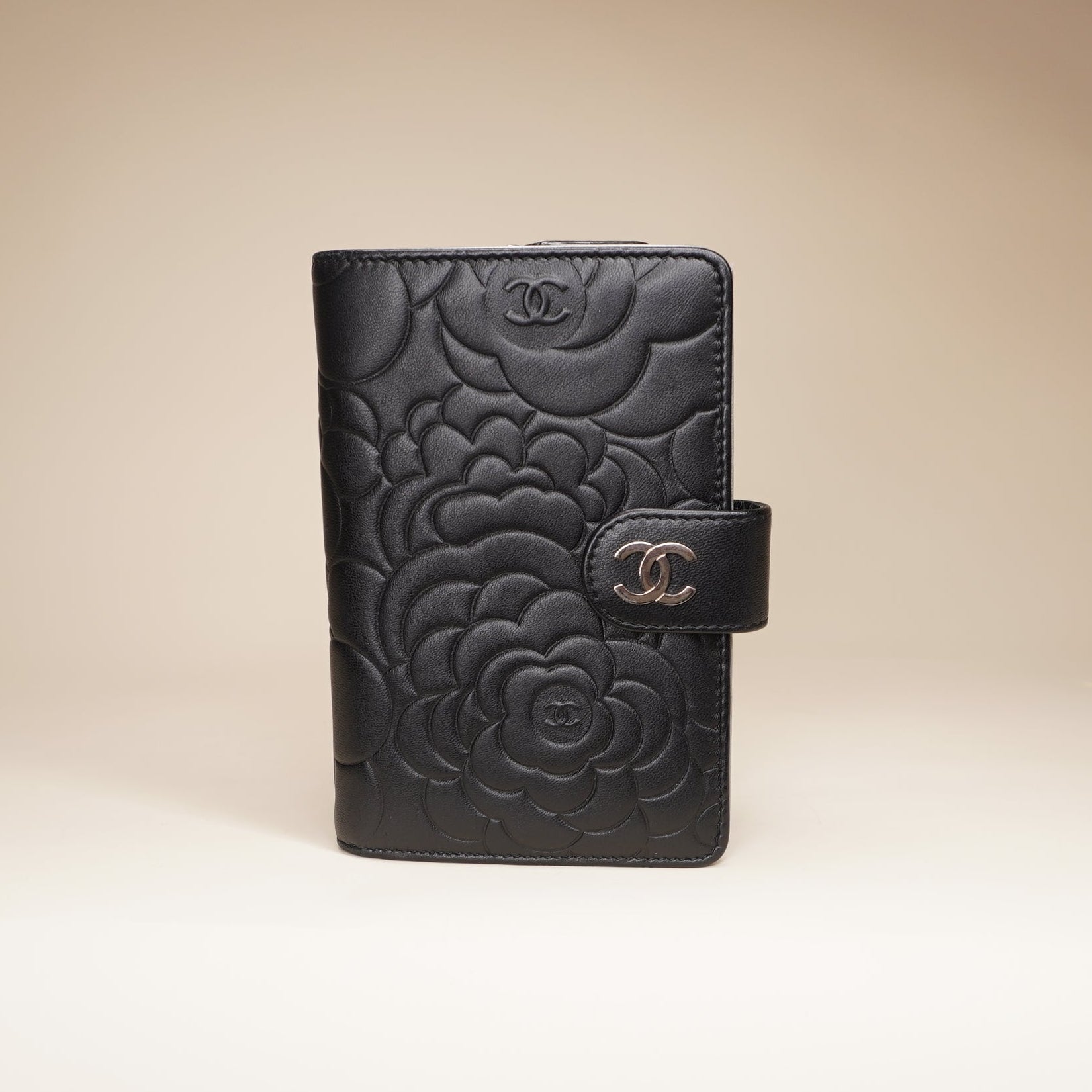 Black Lambskin Leather Camellia Embossed Wallet