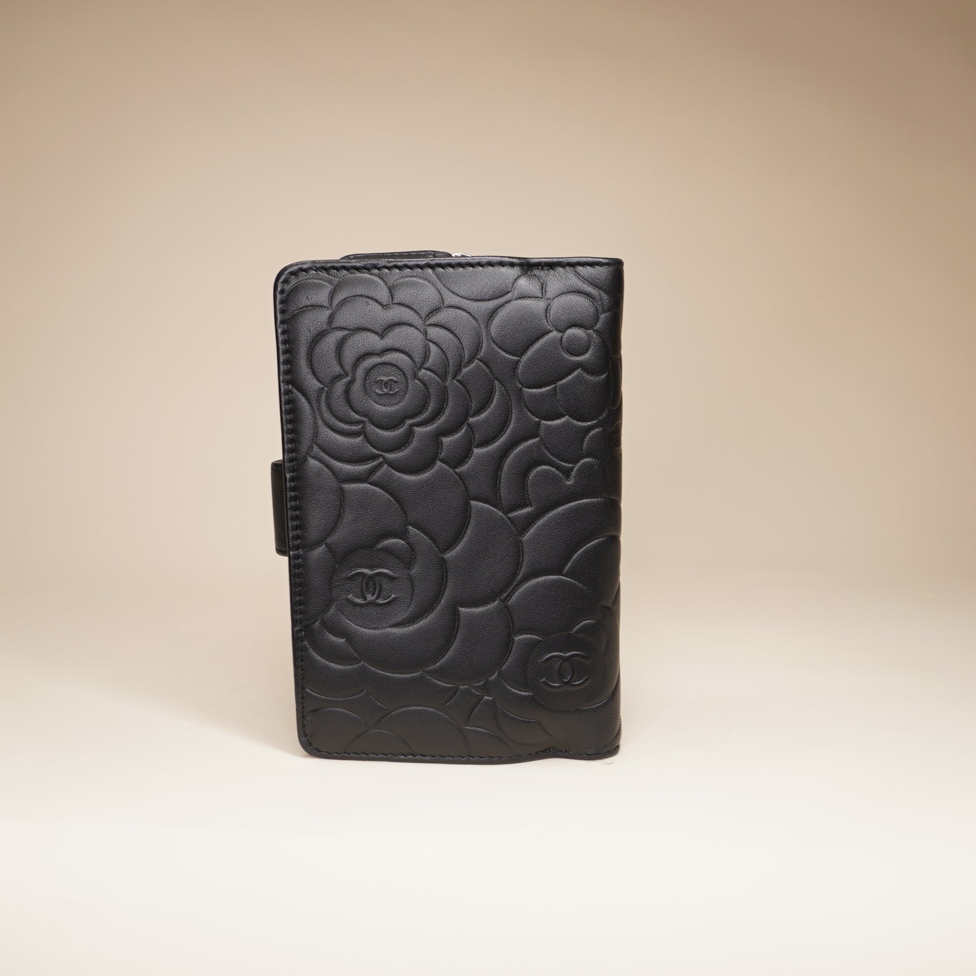 Black Lambskin Leather Camellia Embossed Wallet