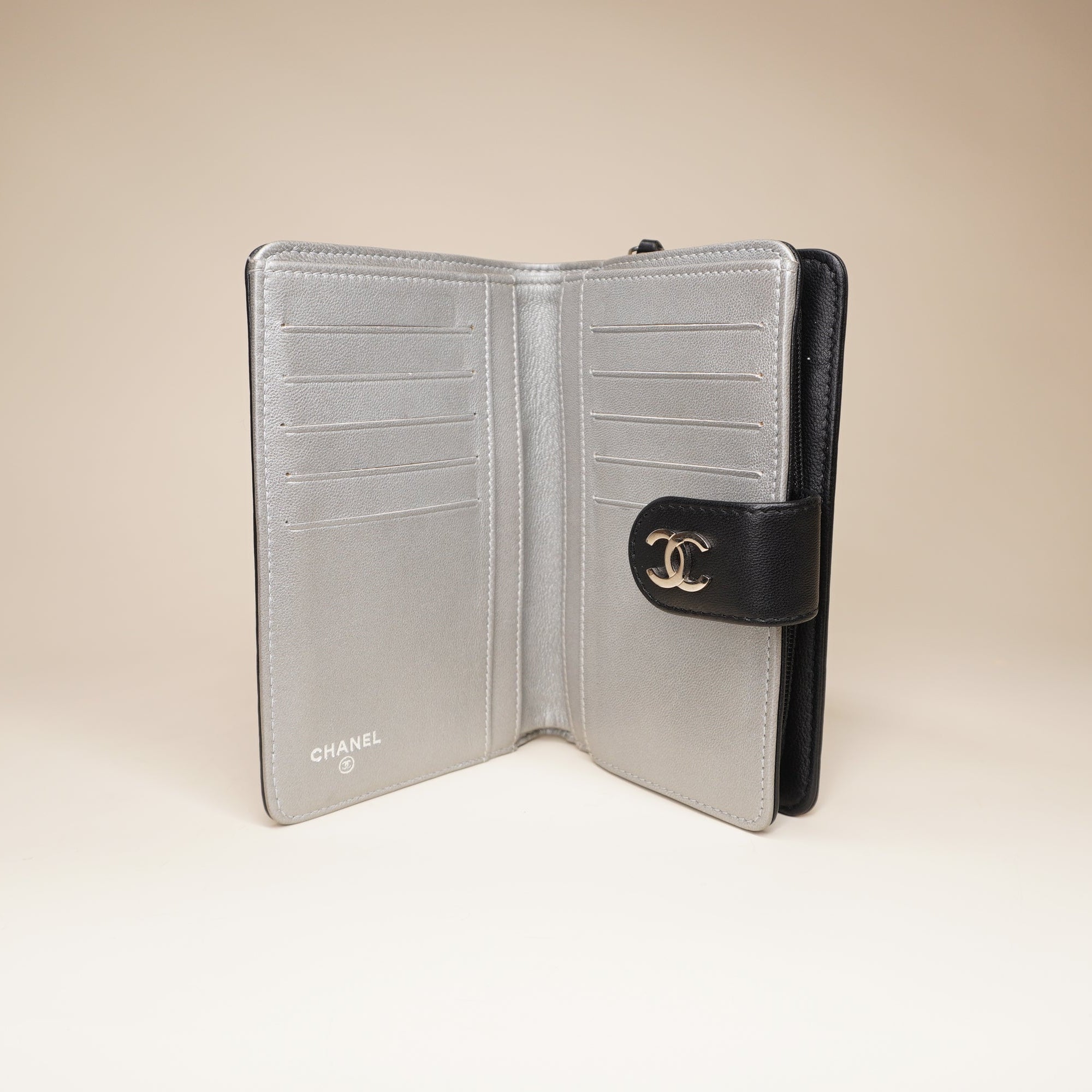 Black Lambskin Leather Camellia Embossed Wallet