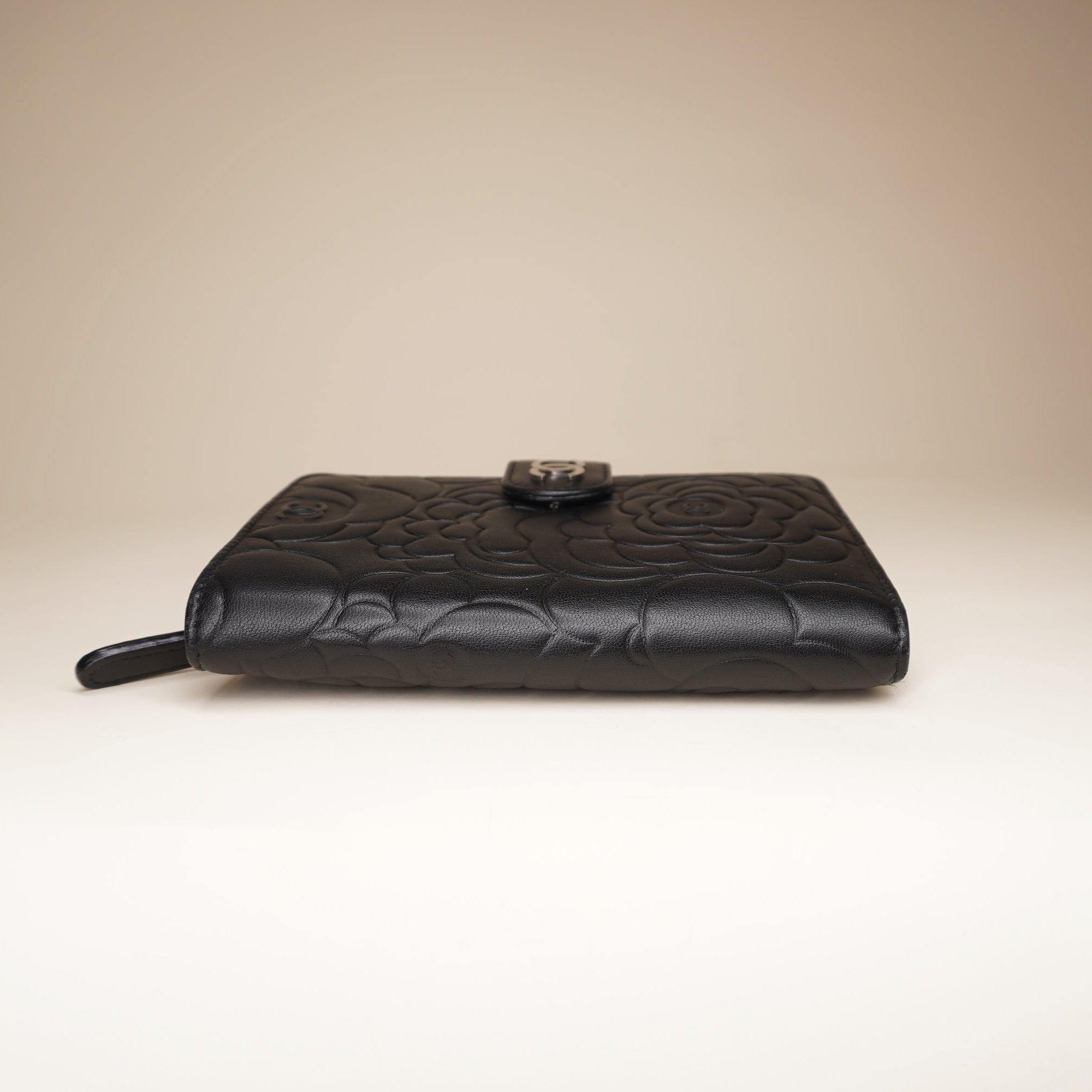 Black Lambskin Leather Camellia Embossed Wallet