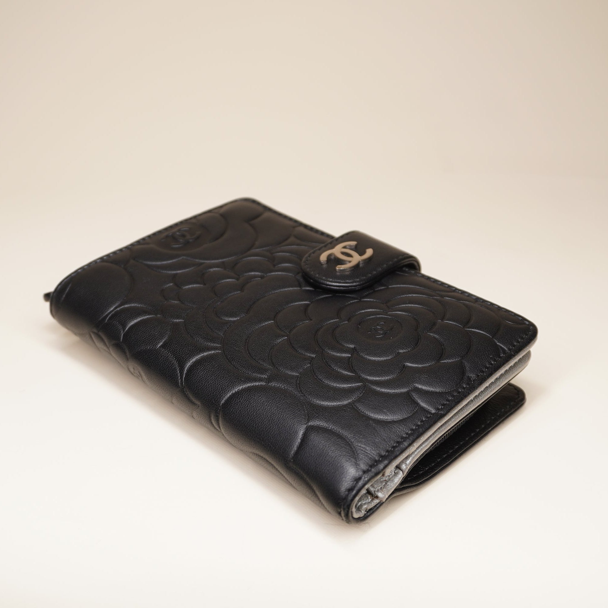 Black Lambskin Leather Camellia Embossed Wallet