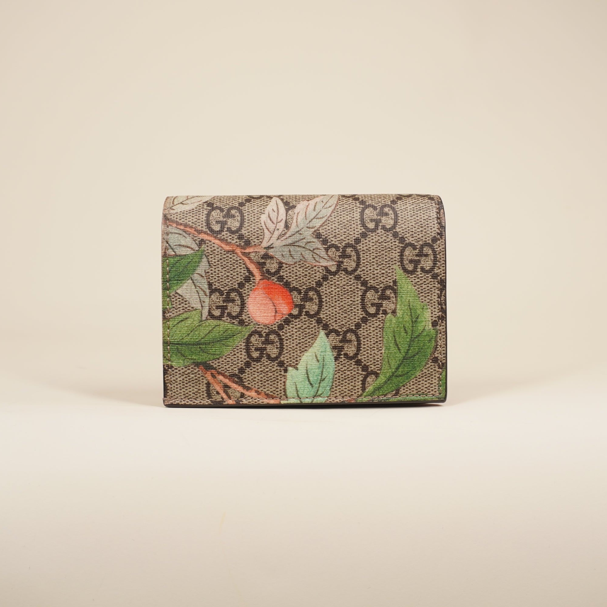 PRE-OWNED GG Supreme Monogram Tian Card Case Beige Multicolor Red