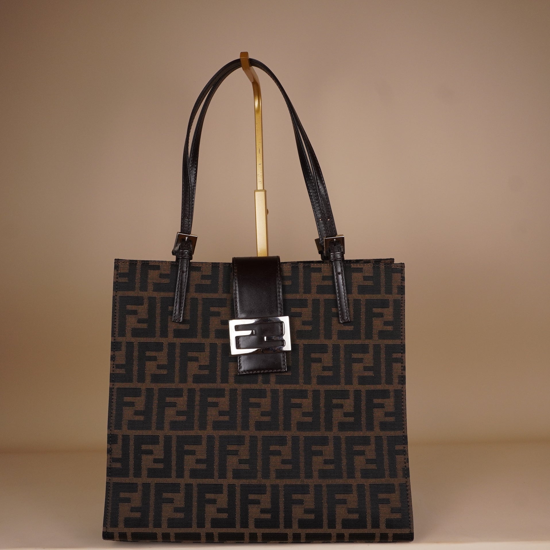 PRE-OWNED FF Zucca Canvas Tote Bag Black Brown