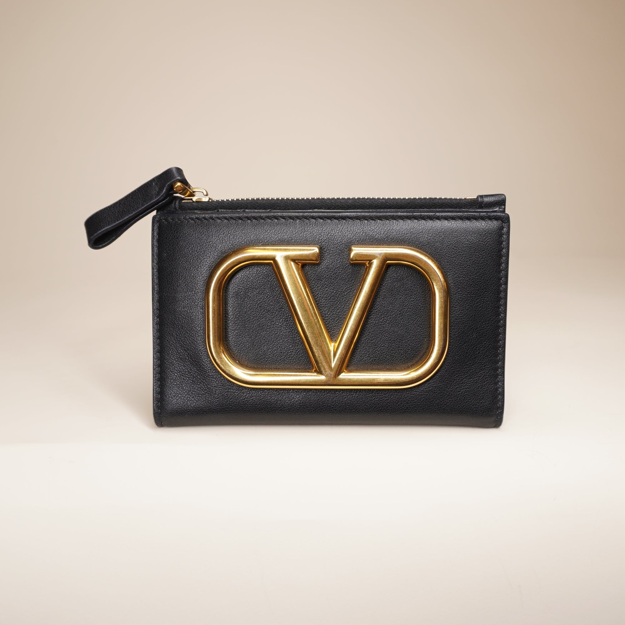 PRE-OWNED Black VLogo Leather Coin Card Case