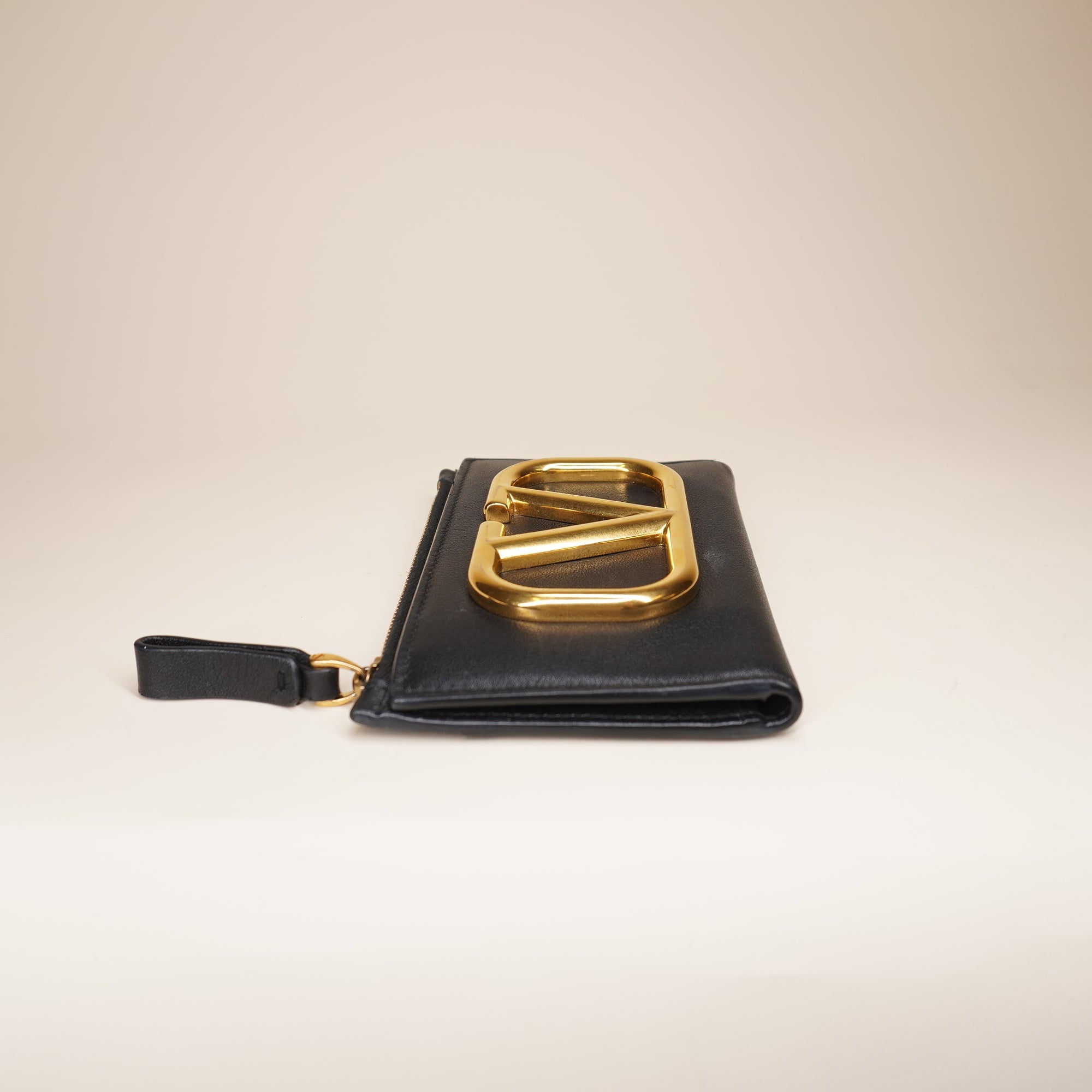 PRE-OWNED Black VLogo Leather Coin Card Case