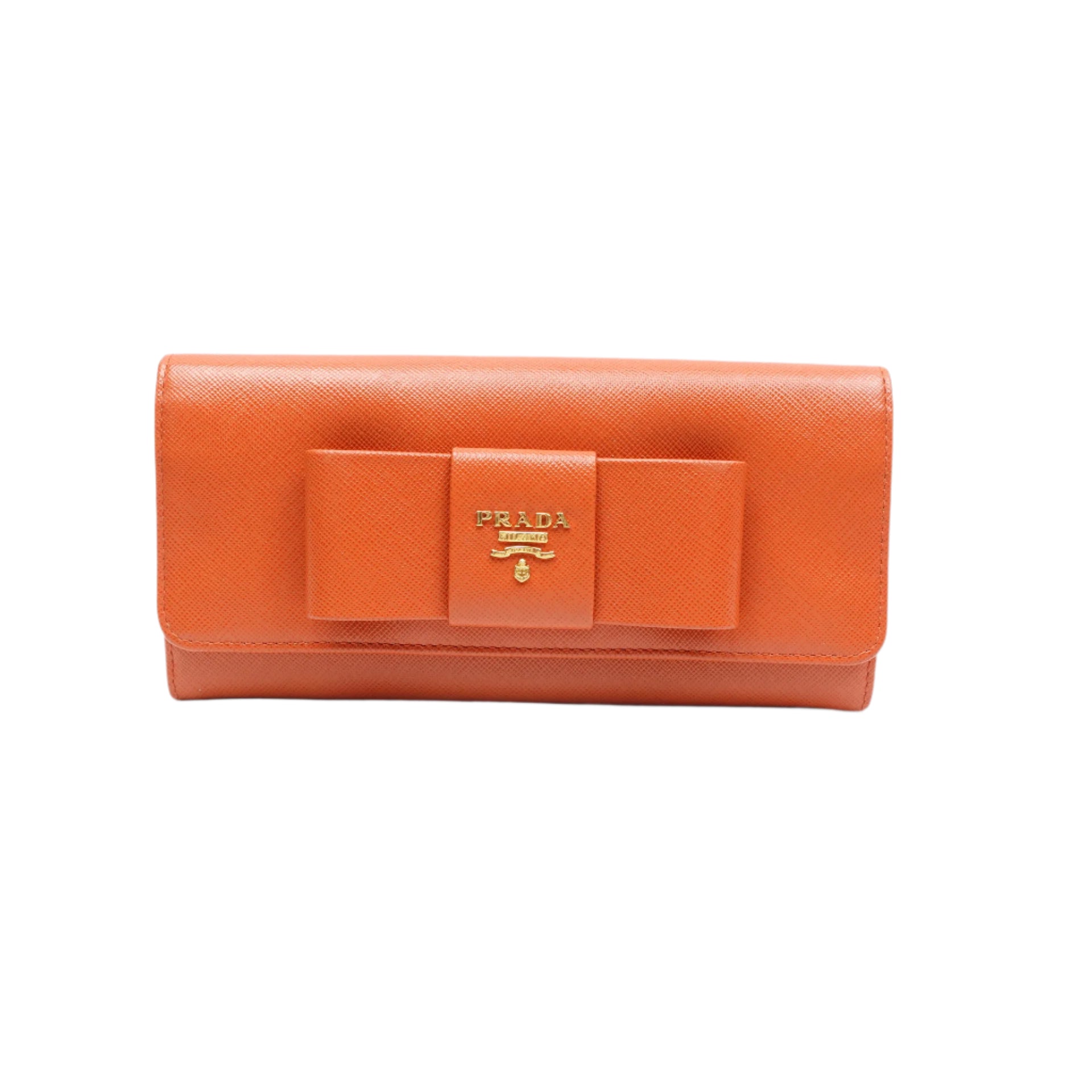 PRE-OWNED Orange Saffiano Lux Leather Bow Flap Continental Wallet