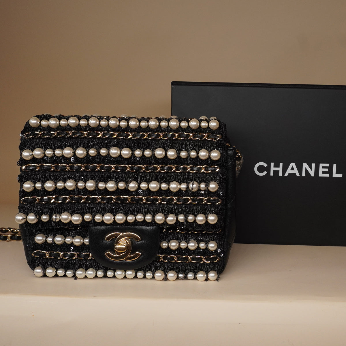 PRE-OWNED CC Mini Square Pearl Chain Flap Bag