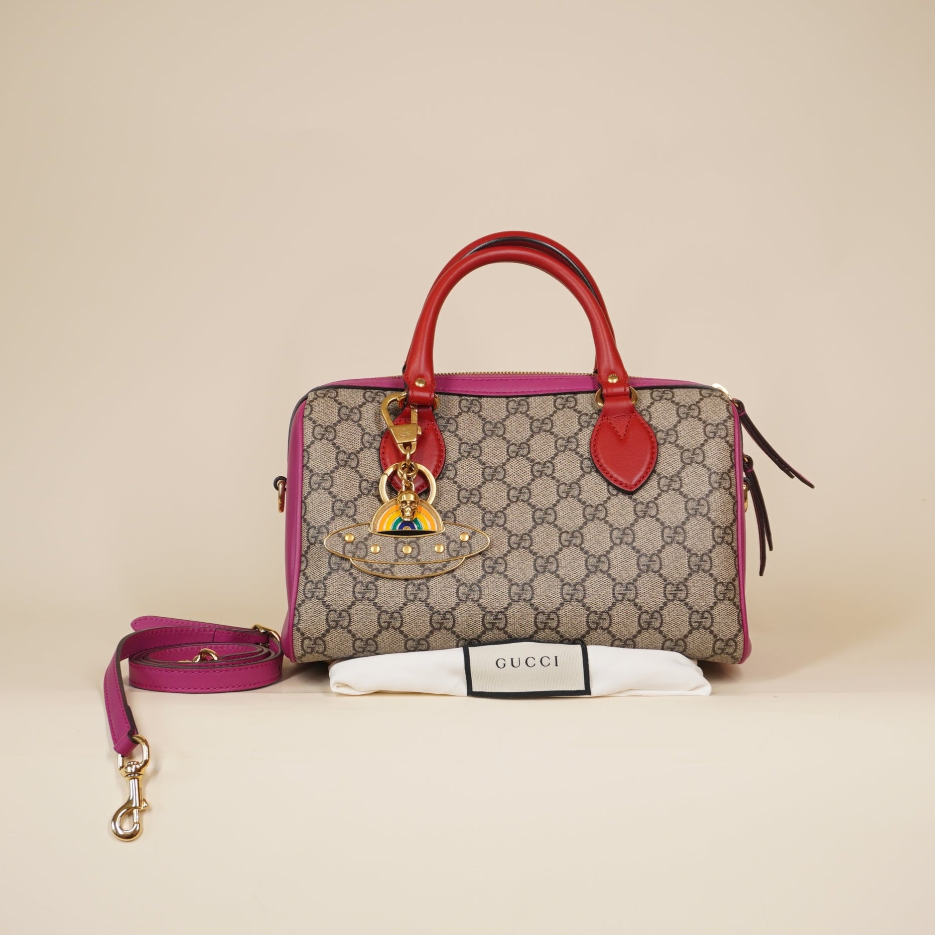 PRE-OWNED GG Supreme Monogram Moon Calfskin Small Boston Shoulder Bag