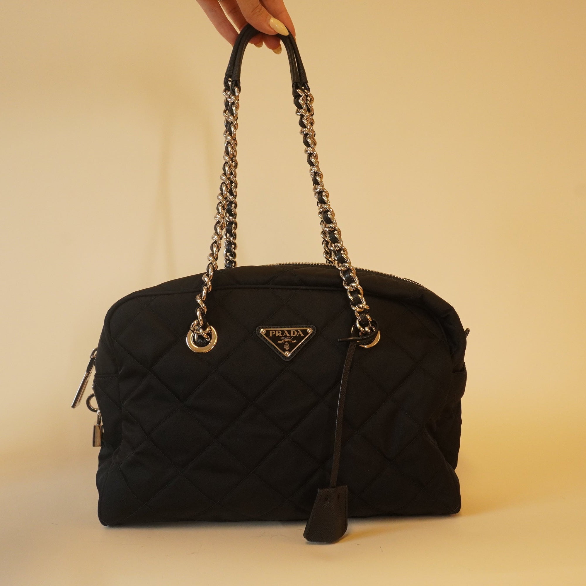PRE-OWNED Black Nylon Tessuto Impunto Quilted Shoulder Bag