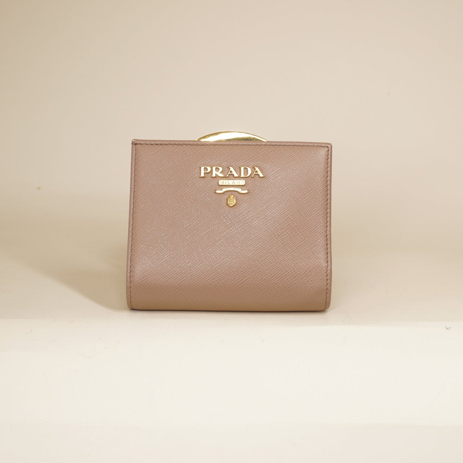 PRE-OWNED Beige Saffiano Metal Leather Frame Compact Wallet