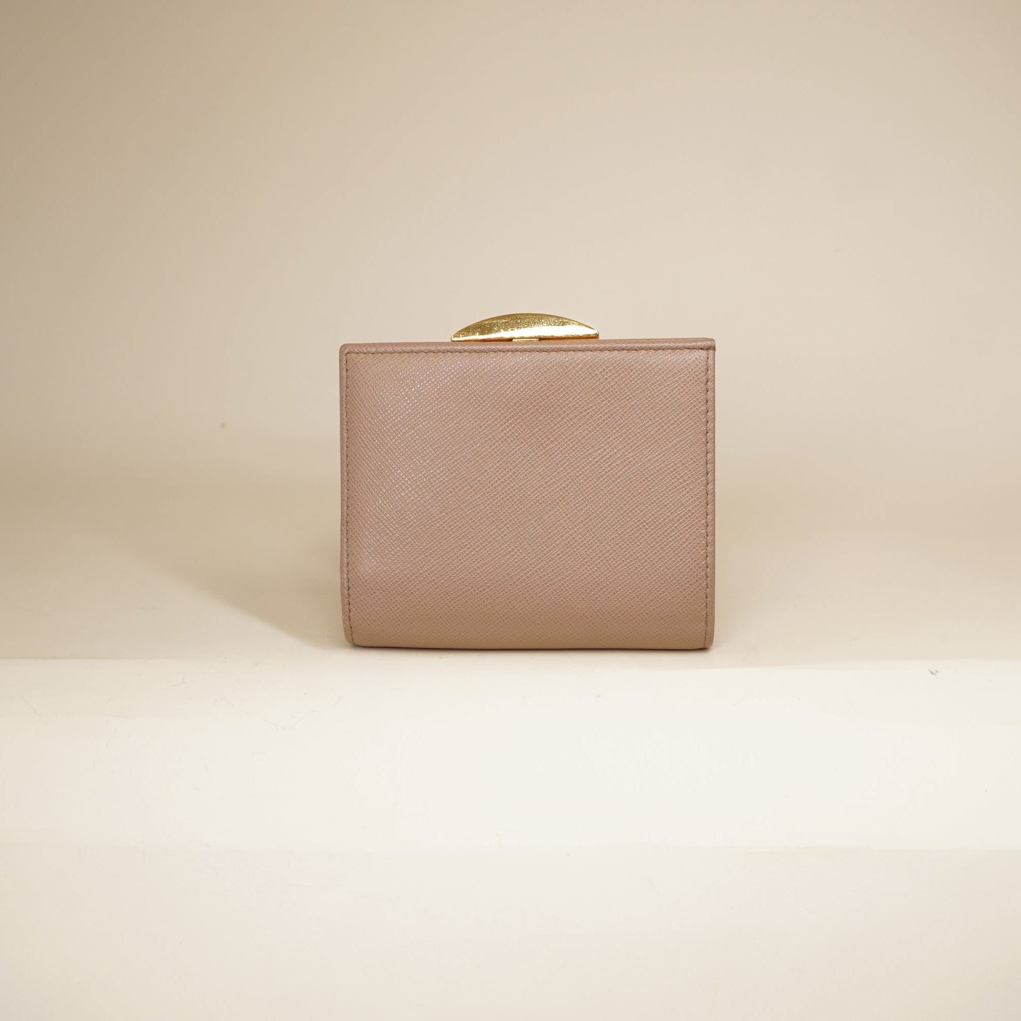 PRE-OWNED Beige Saffiano Metal Leather Frame Compact Wallet