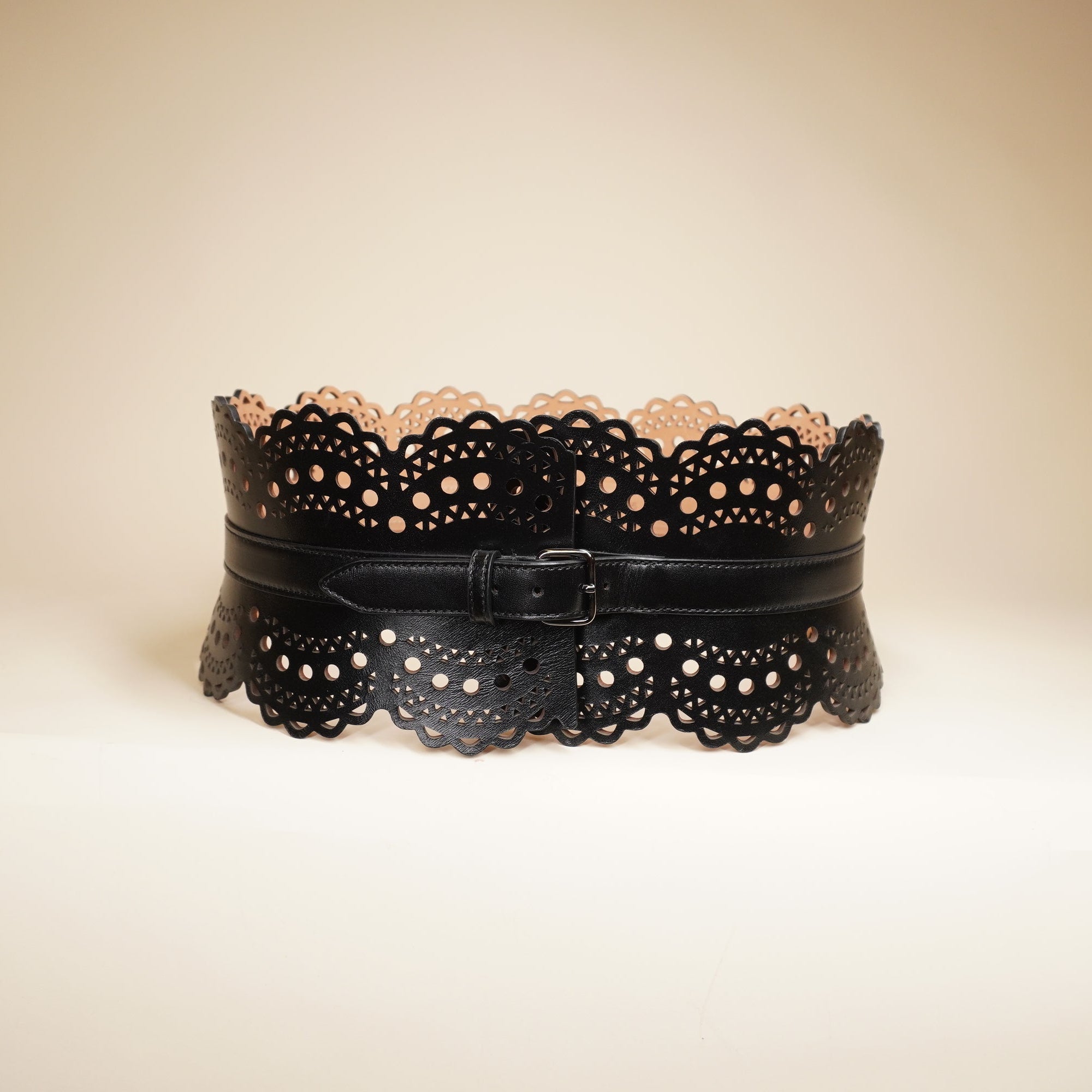 PRE-OWNED Black Perforated Leather Bustier Belt With Eyelets size 75