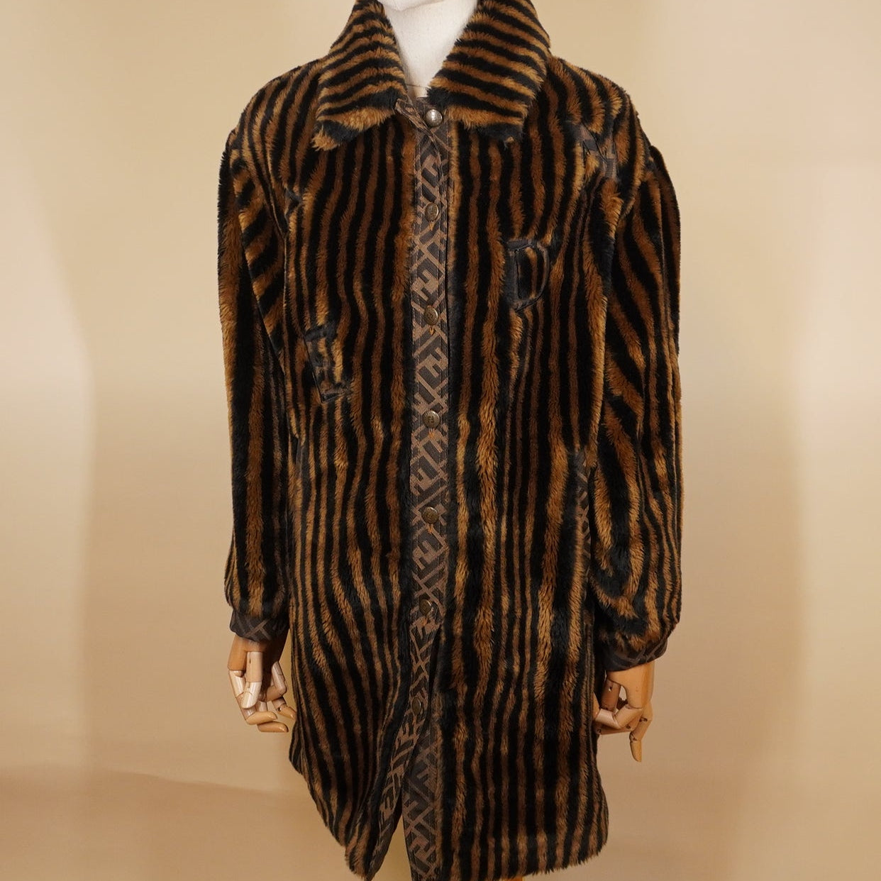 PRE-OWNED FF Brown Striped Logo Fur Coat