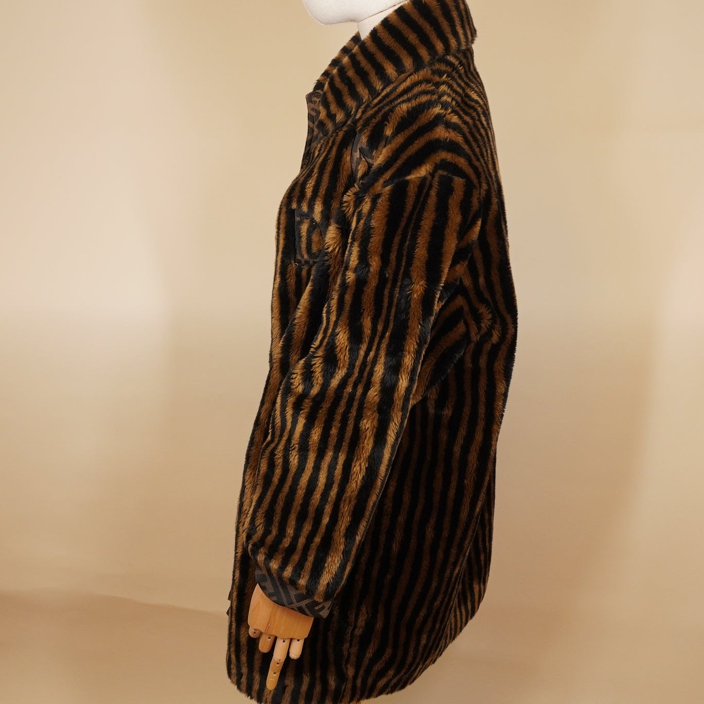PRE-OWNED FF Brown Striped Logo Fur Coat