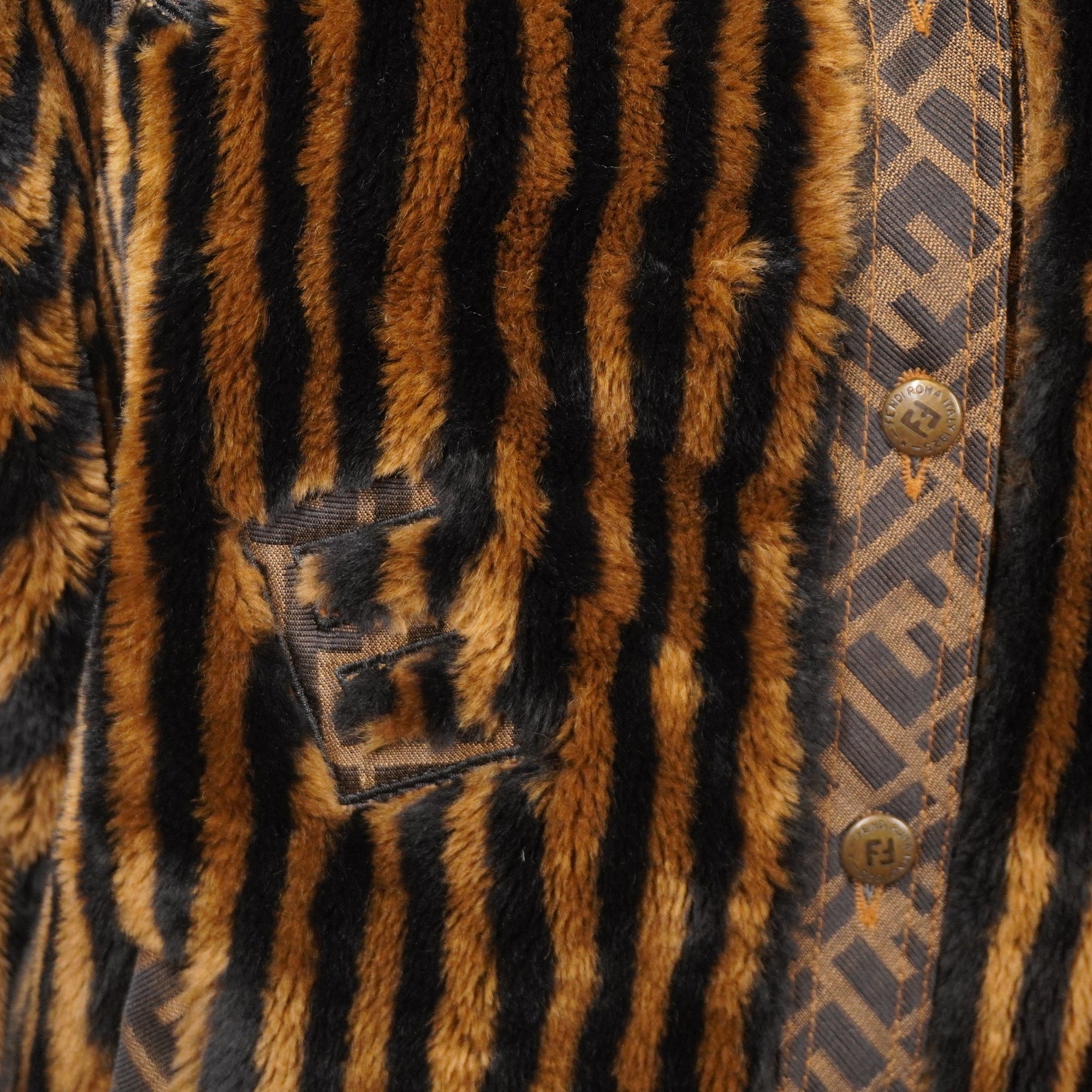PRE-OWNED FF Brown Striped Logo Fur Coat