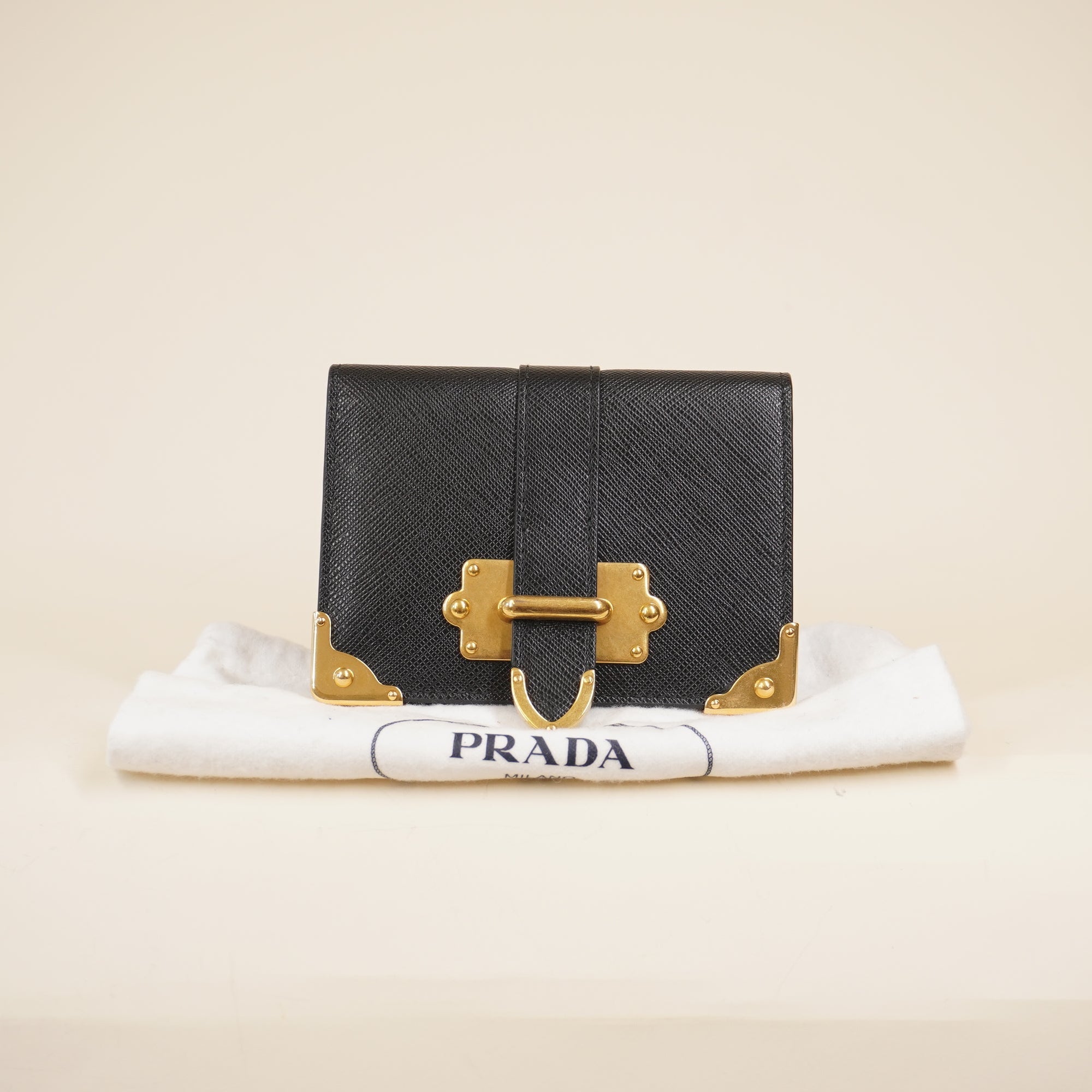 PRE-OWNED Saffiano Cahier Compact Flap Wallet Black