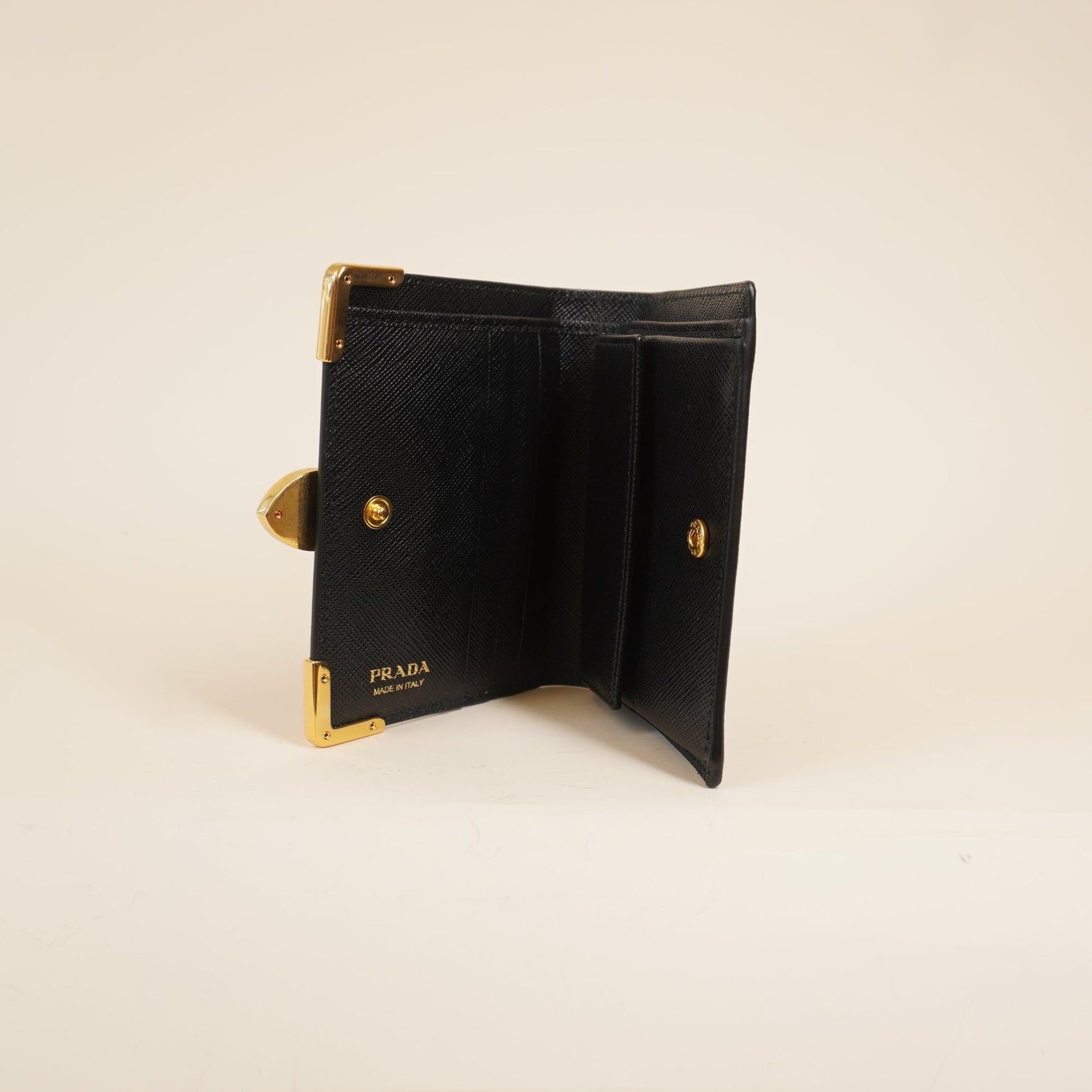 PRE-OWNED Saffiano Cahier Compact Flap Wallet Black