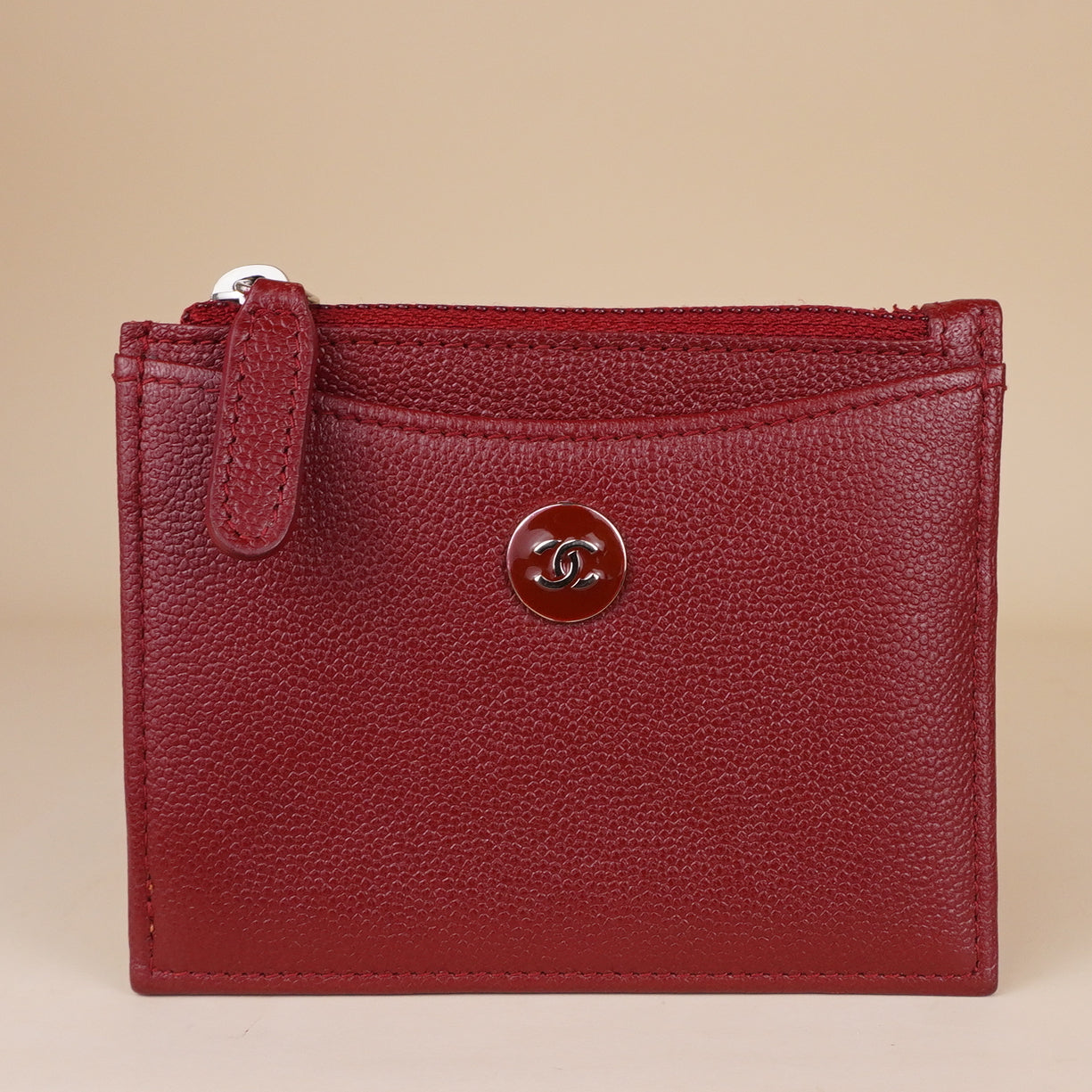 PRE-OWNED CC Chanel CC Button Red Caviar Leather Zip Card Case