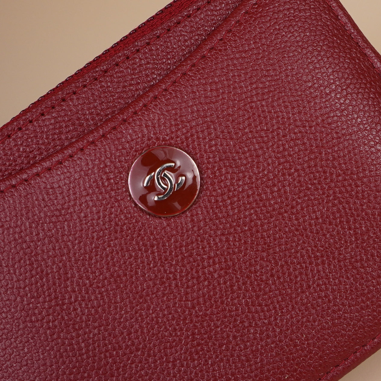 PRE-OWNED CC Chanel CC Button Red Caviar Leather Zip Card Case