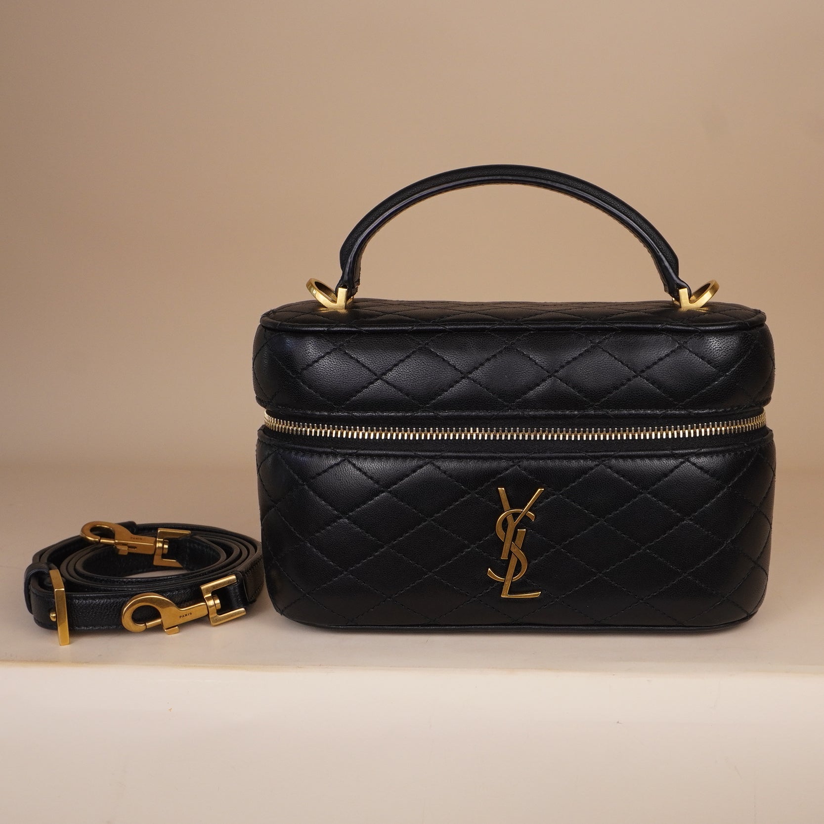 PRE-OWNED Lambskin Quilted Mini Gaby Vanity Case Black