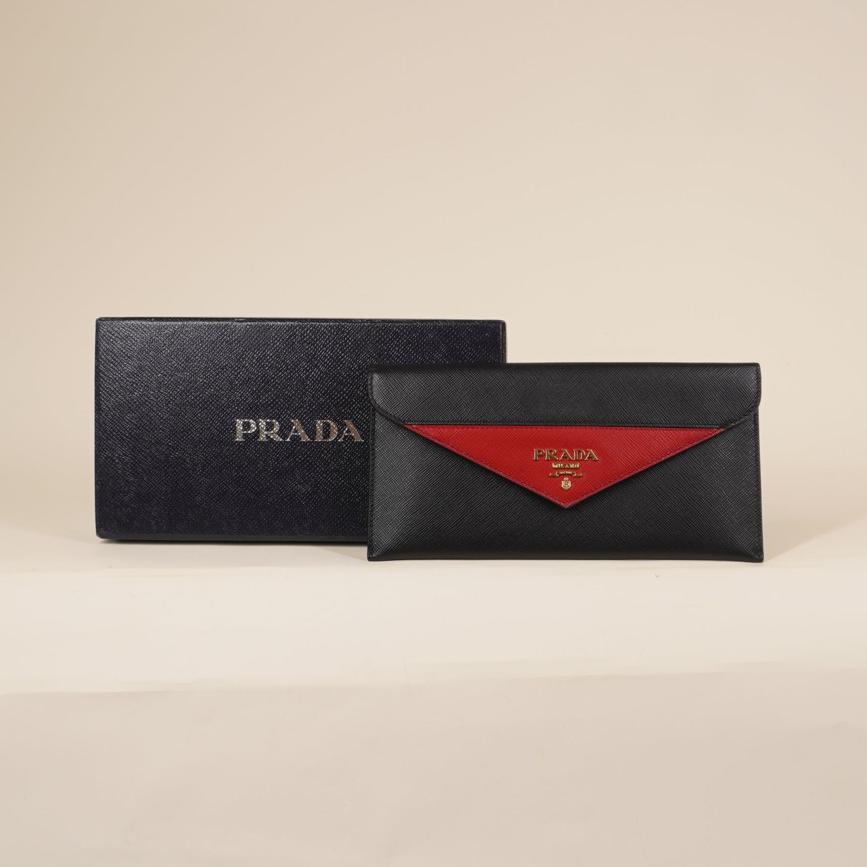 PRE-OWNED Black & Red Saffiano Leather Portfolio Clutch