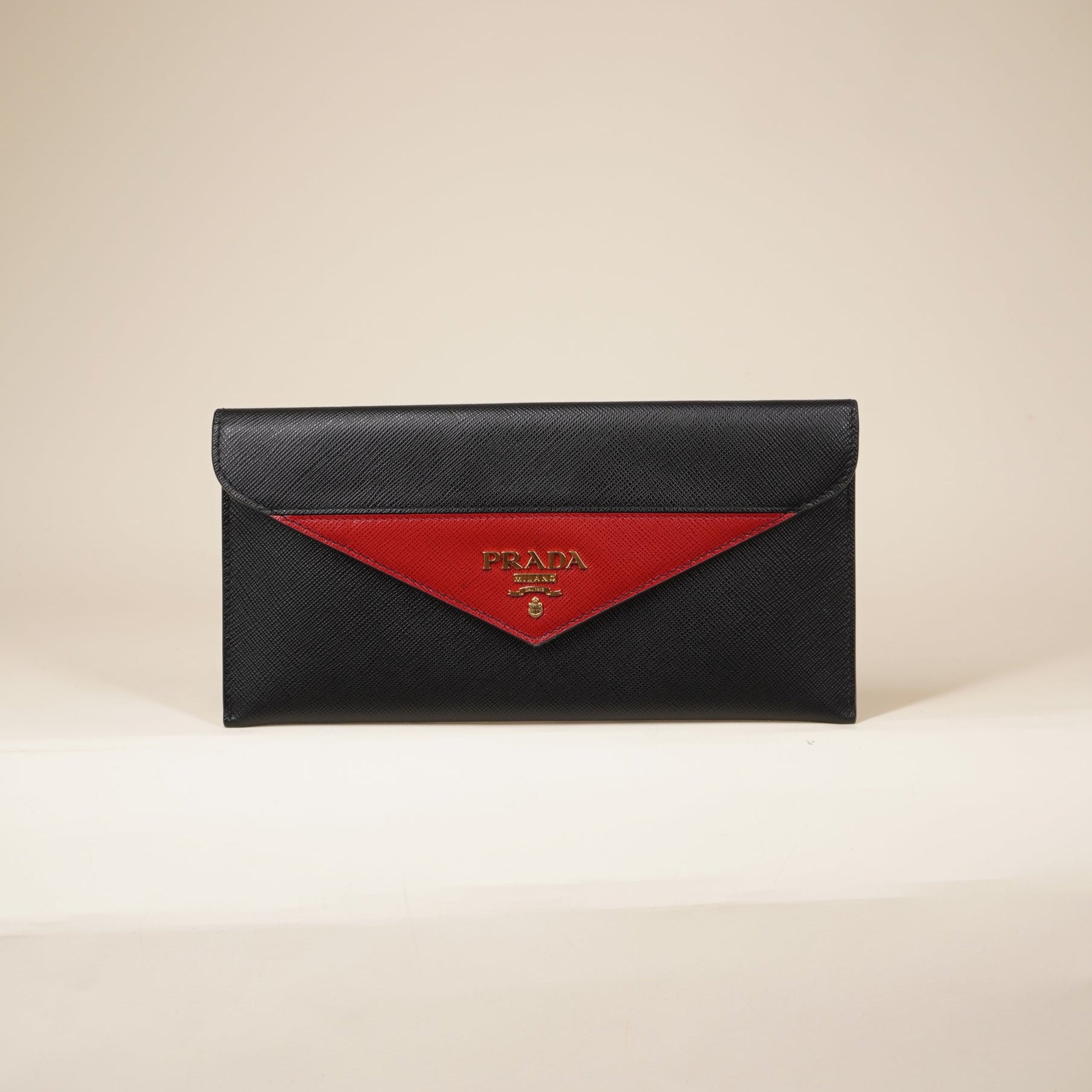 PRE-OWNED Black & Red Saffiano Leather Portfolio Clutch