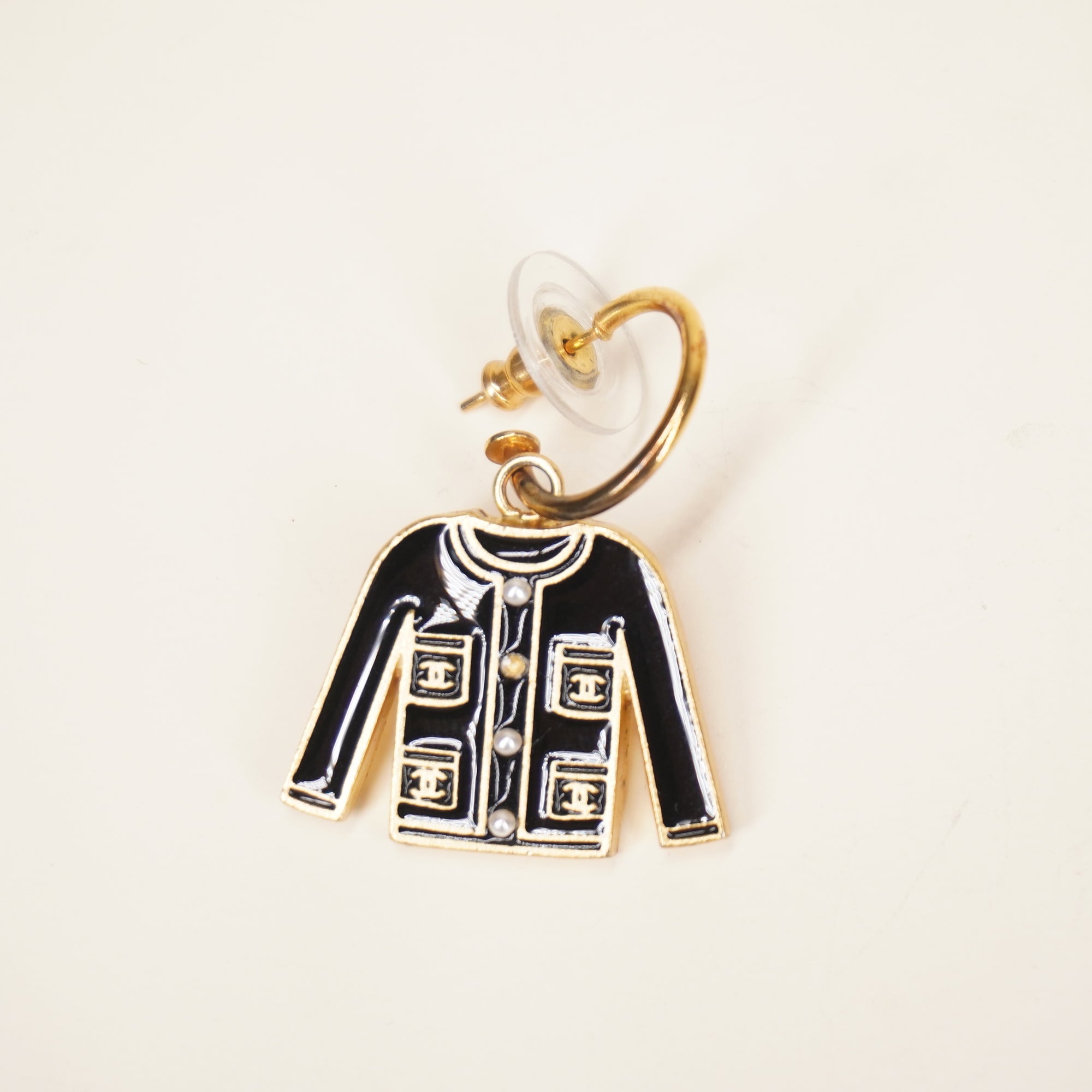 PRE-OWNED CC and Jacket Drop Earrings Vintage Gold with Black Enamel