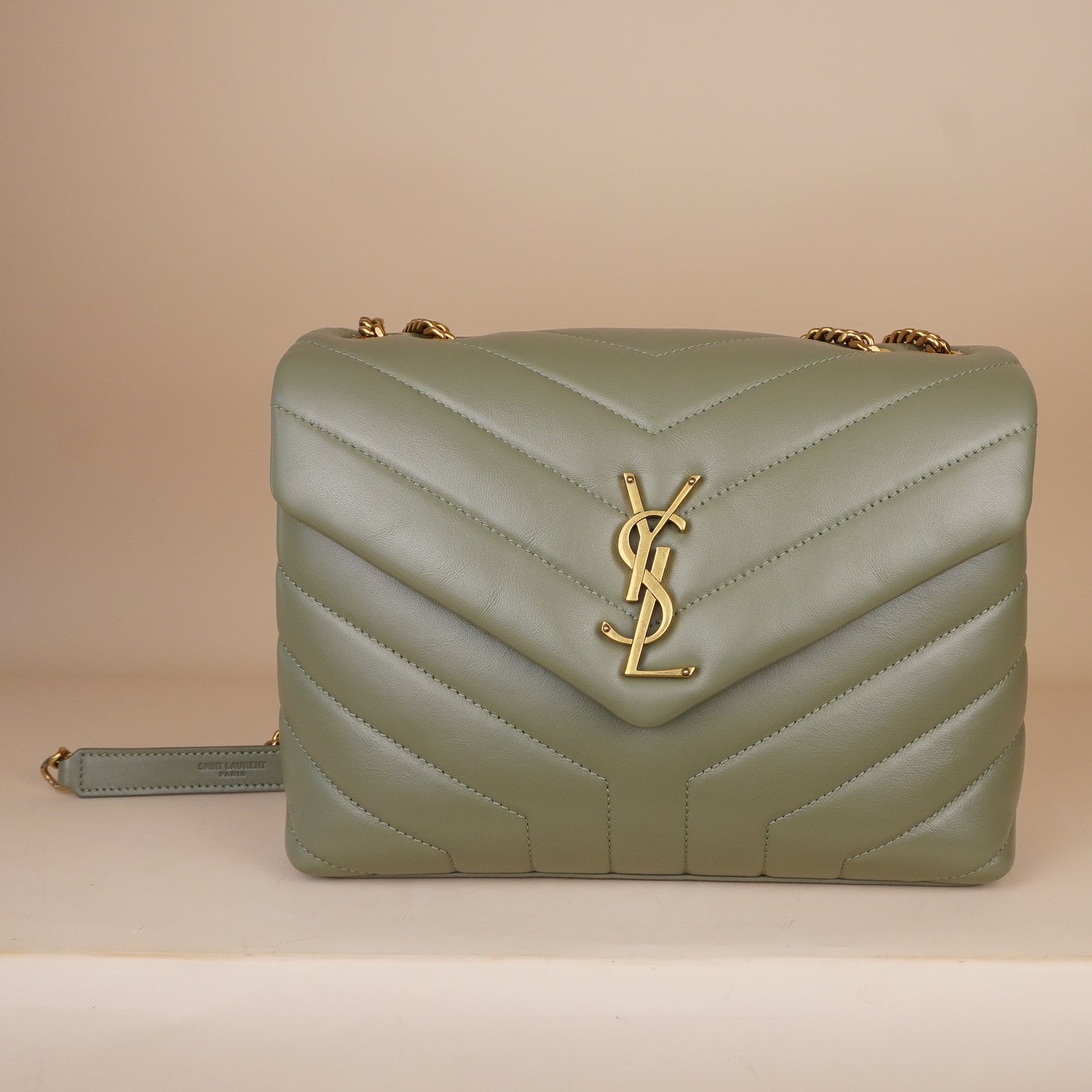 PRE-OWNED Calfskin Y Quilted Monogram Small Loulou Chain Satchel Light Sage