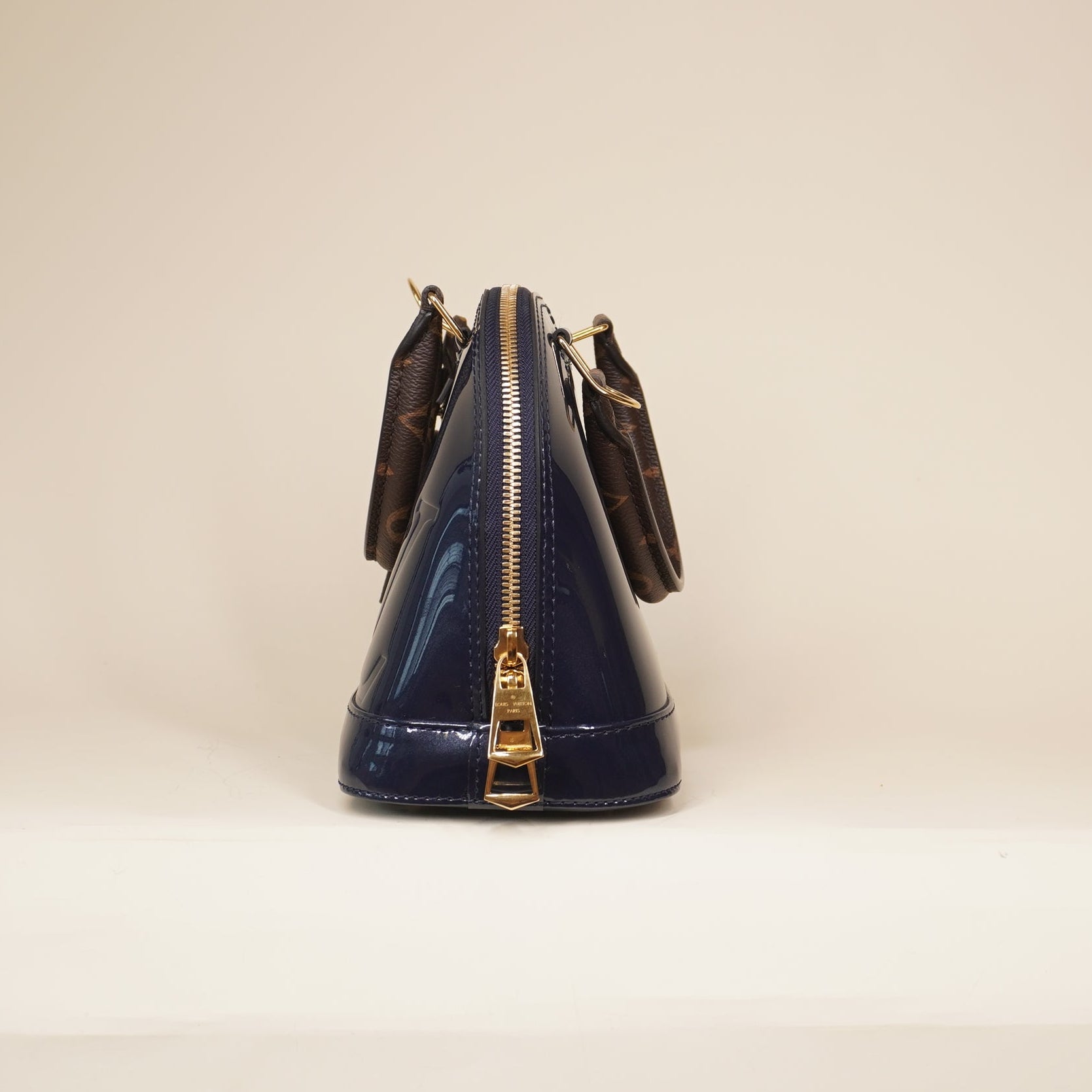 PRE-OWNED Navy Vernis Lisse and Monogram Alma BB Shoulder Bag