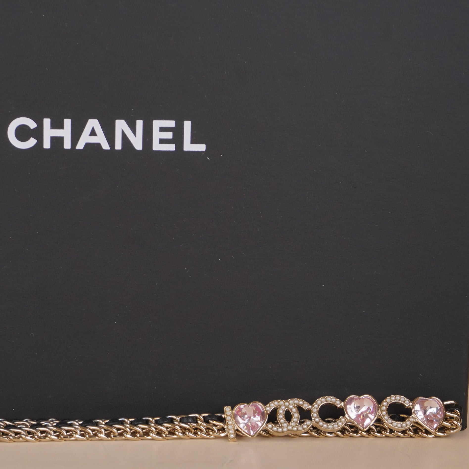 PRE-OWNED CC Gold Pearl Love Pink Rhinestone COCO Leather Waist Chain