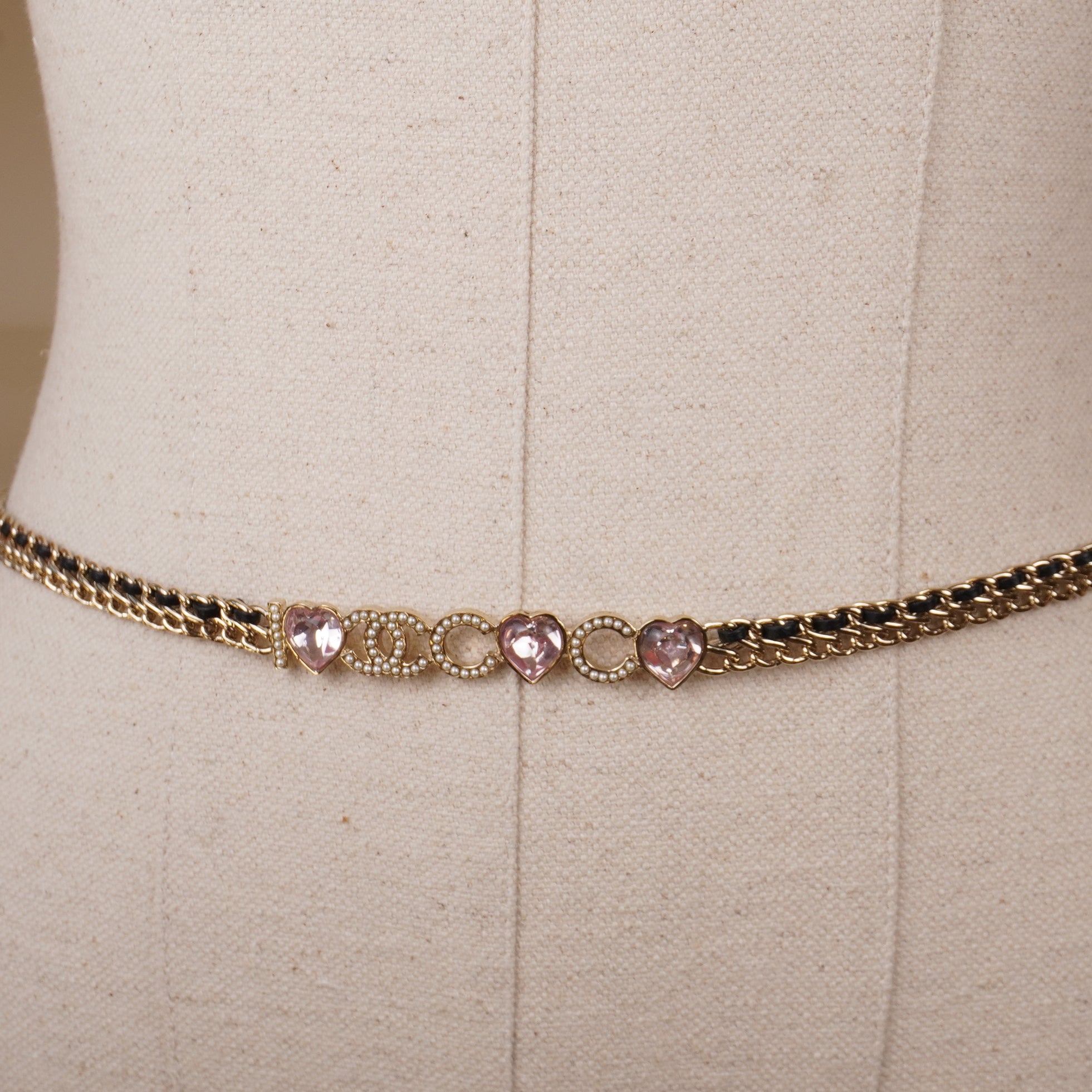 PRE-OWNED CC Gold Pearl Love Pink Rhinestone COCO Leather Waist Chain