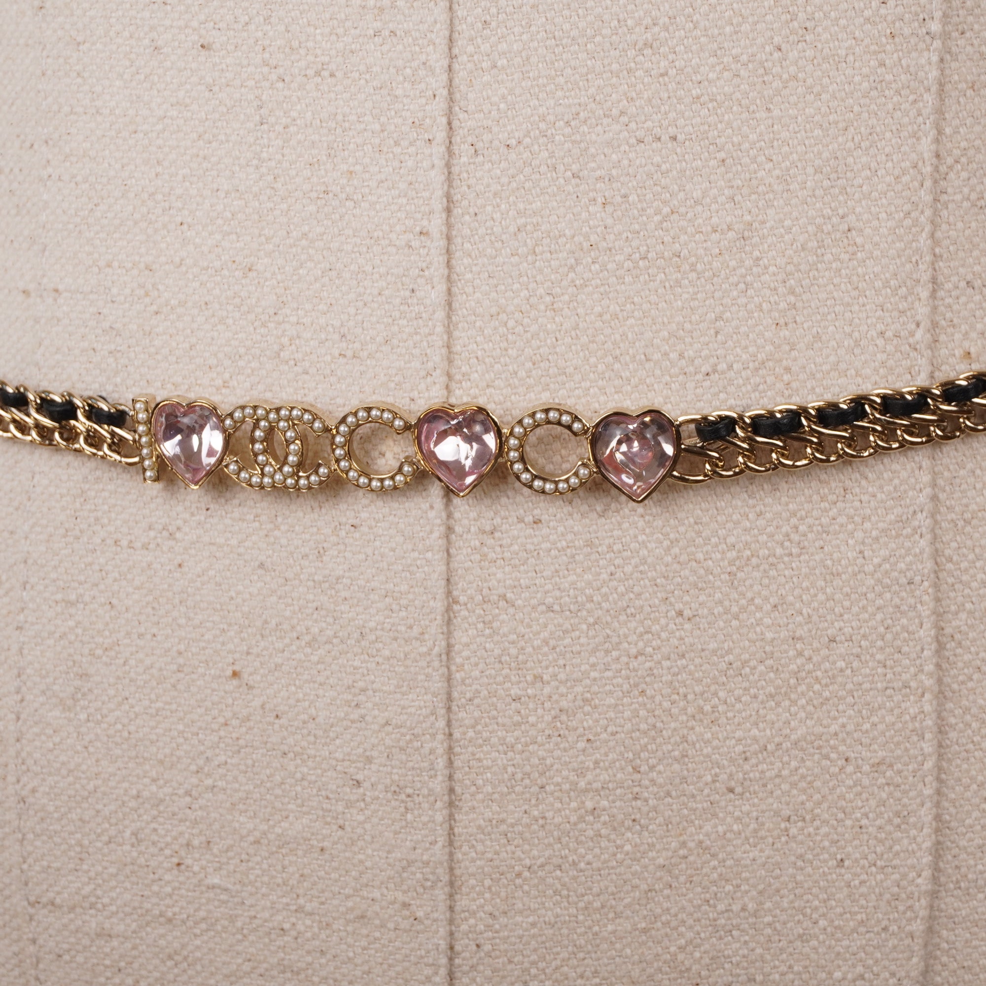 PRE-OWNED CC Gold Pearl Love Pink Rhinestone COCO Leather Waist Chain