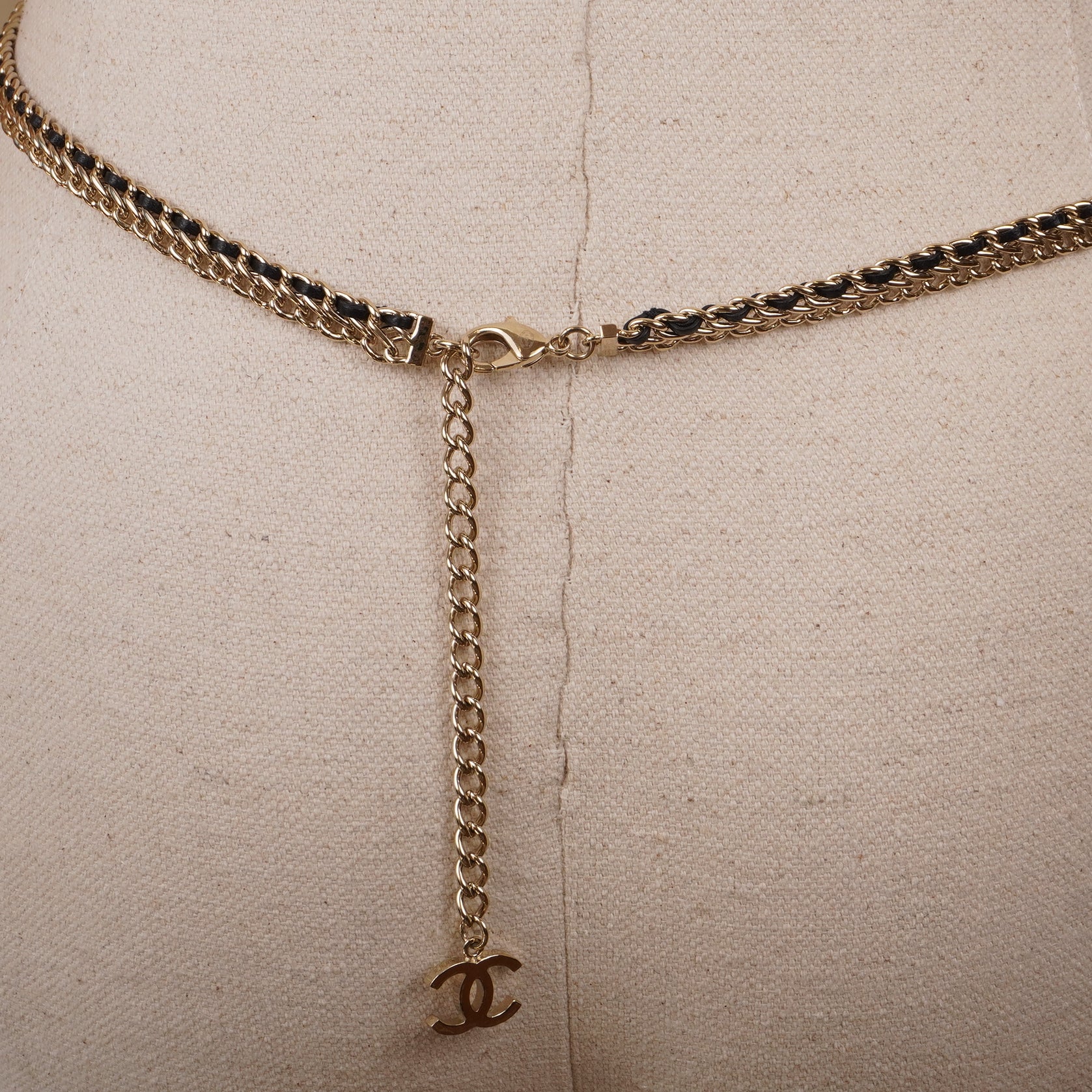 PRE-OWNED CC Gold Pearl Love Pink Rhinestone COCO Leather Waist Chain