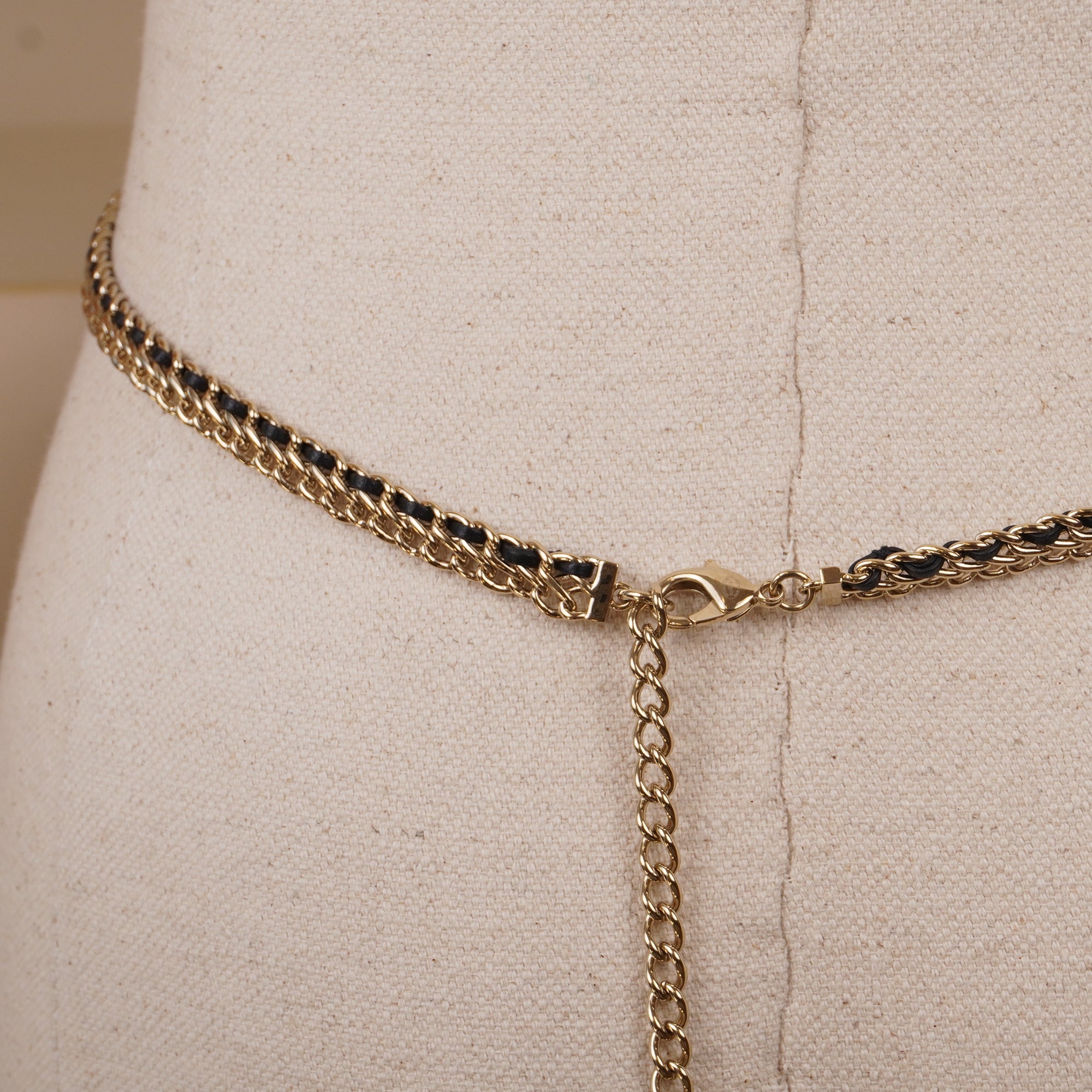 PRE-OWNED CC Gold Pearl Love Pink Rhinestone COCO Leather Waist Chain