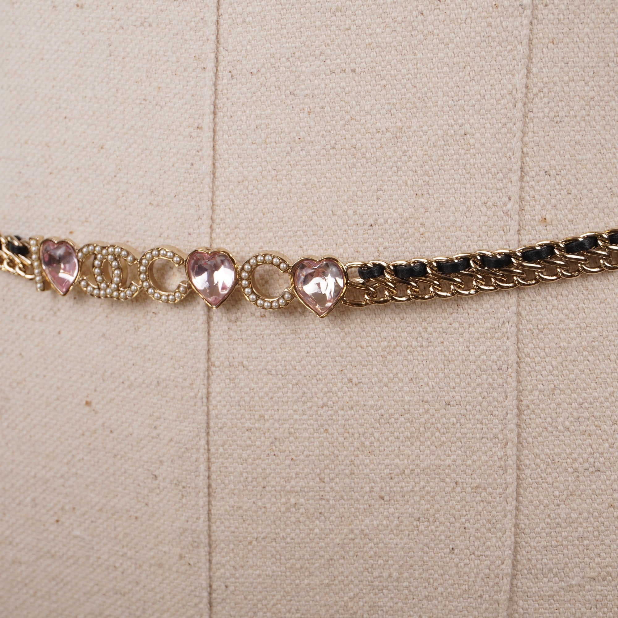 PRE-OWNED CC Gold Pearl Love Pink Rhinestone COCO Leather Waist Chain