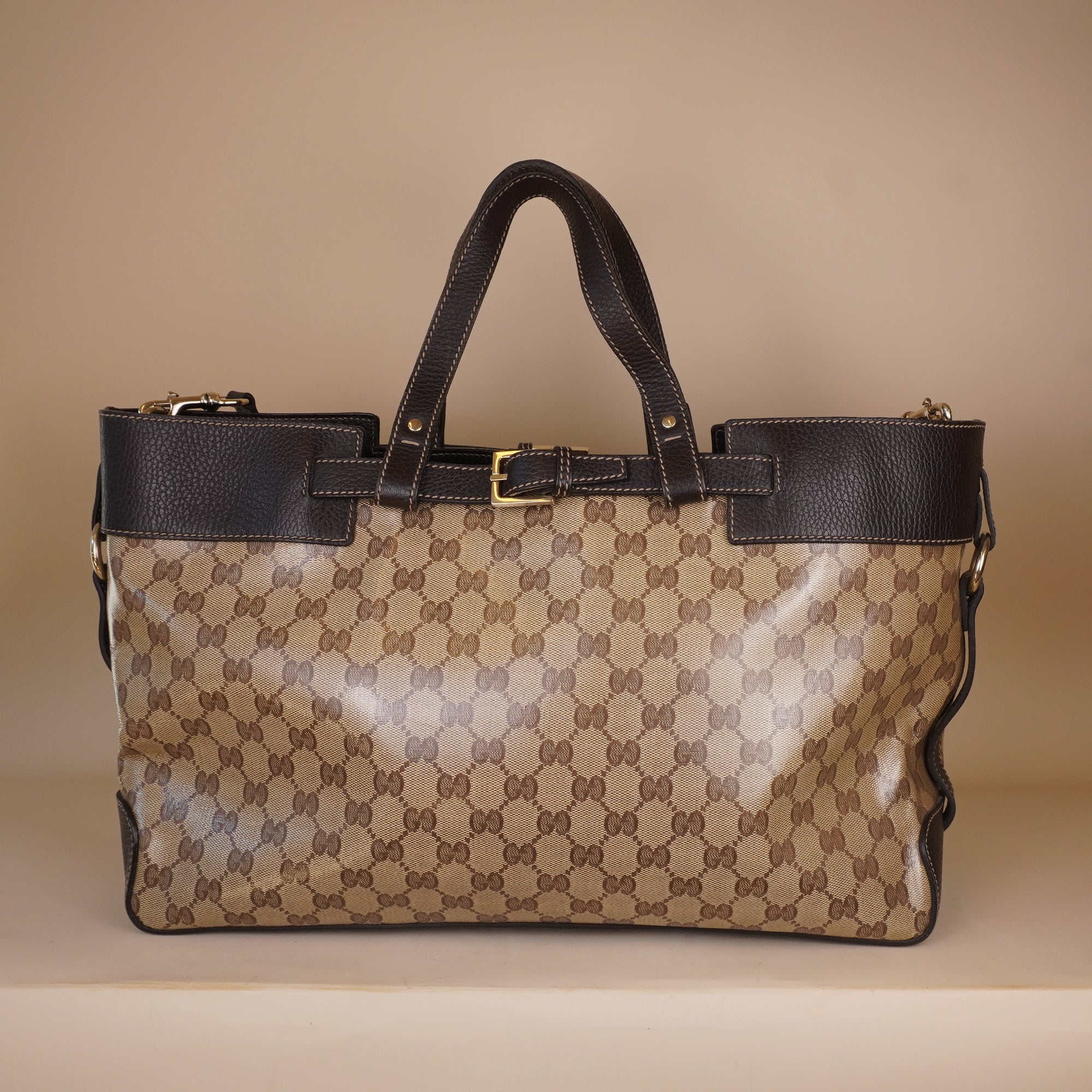 PRE-OWNED GG Crystal Monogram Tote Brown