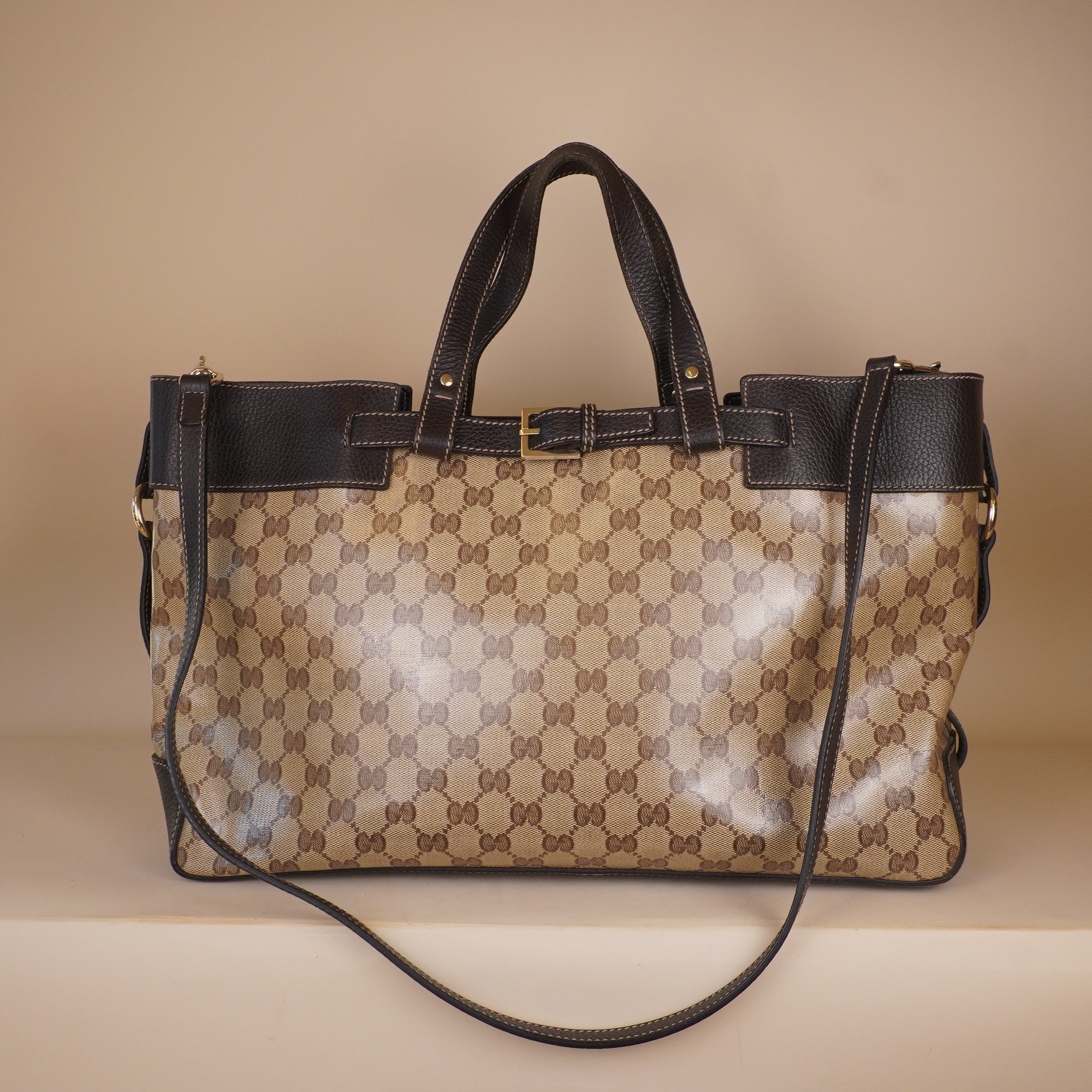 PRE-OWNED GG Crystal Monogram Tote Brown